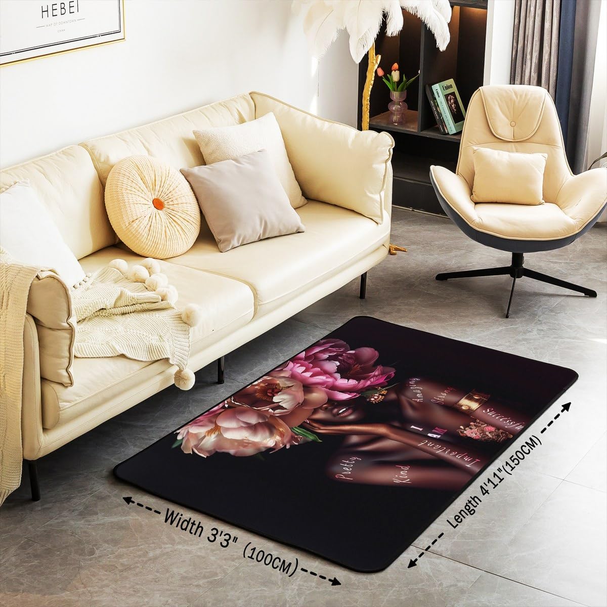 jejeloiu Black Girl Area Rug 5x7 Kids African Woman Themed Living Room Rugs for Bedroom for Boys Girls Women Pink Floral Decorative Carpet Non-Slip Fashion Indoor Floor Mat
