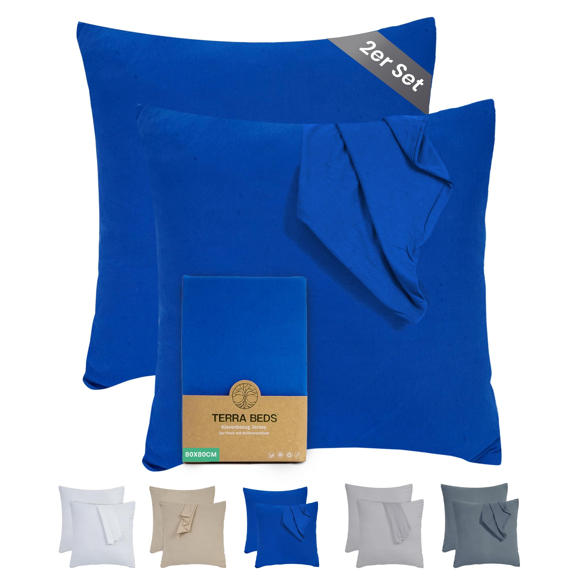 Terra Beds Kissenbezug 80x80 (Set mit 2) - 100% Baumwolle Jersey 160 g/m2, Oeko-Tex Zertifiziert - Kopfkissenbezug 80x80 für Kissen 80x80 mit Reißverschluss, weich und atmungsaktiv - (Dunkelblau)