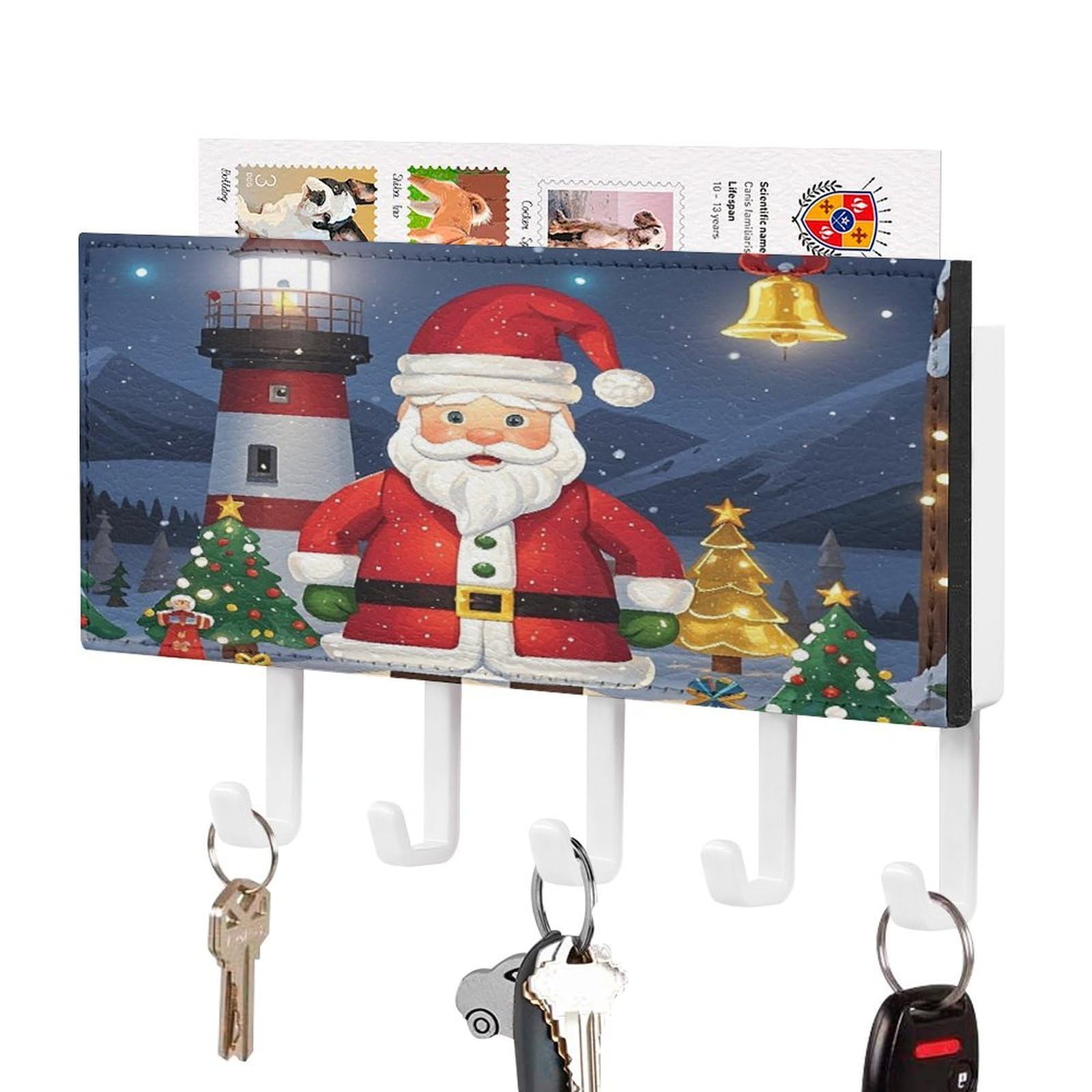 FekiLoot Lighthouse Santa Key Holder for Wall Decorative Mail Organizer with 5 Key Hook Self Adhesive Key Rack with Tray Coat Rack Wall Mount Key Hanger Decor for Entryway Door
