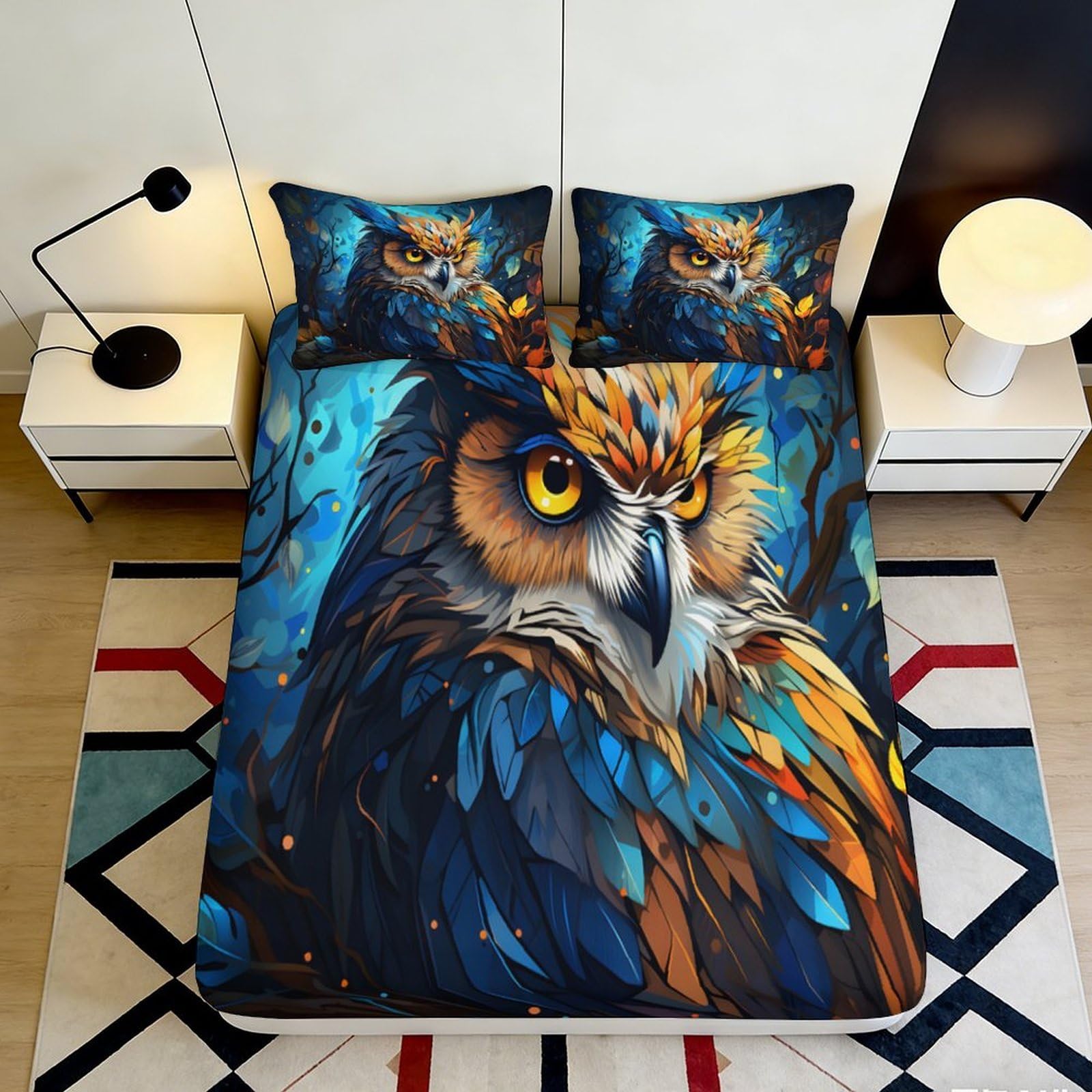 Uxinyoume Style-9 3D Printed Vibrant Owl Fitted Sheet Microfiber Soft Breathable Artistic Forest Bed Cover For Bedroom Dorm Mattress Protection Decor 90X200x25cm