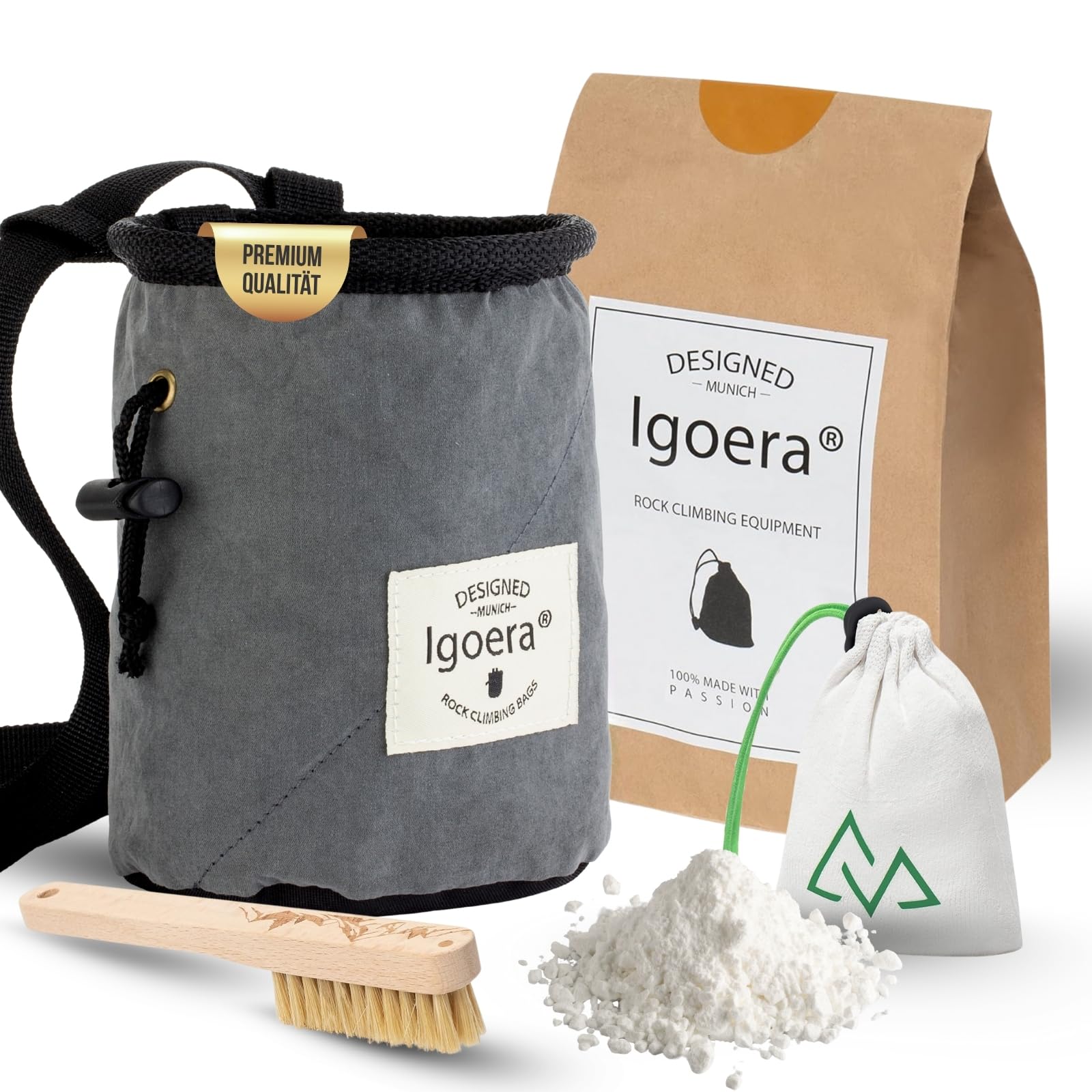Boulder Set mit Chalkbag, Boulder-Bürste & Chalkball – Kletterzubehör Set für Bouldern & Klettern – Magnesiumbeutel mit Fleece-Futter, Wildschweinborsten-Bürste & Chalkball aus Baumwolle