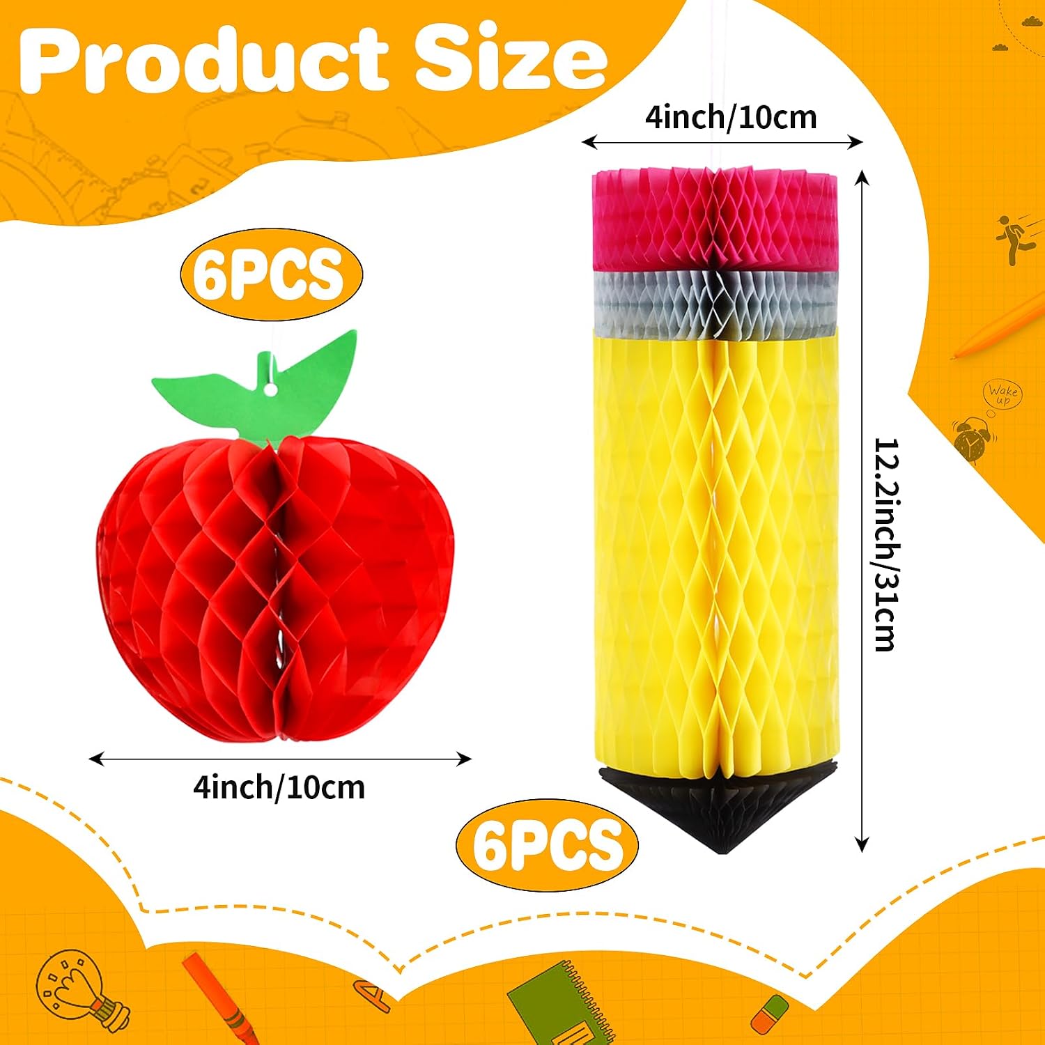 FOIMAS 12pcs Back to School Hanging Honeycomb Decoration Apple-Shaped Pencil Hanging Decoration for Back to School Teacher Apperation First Day of School Classroom Party Decor