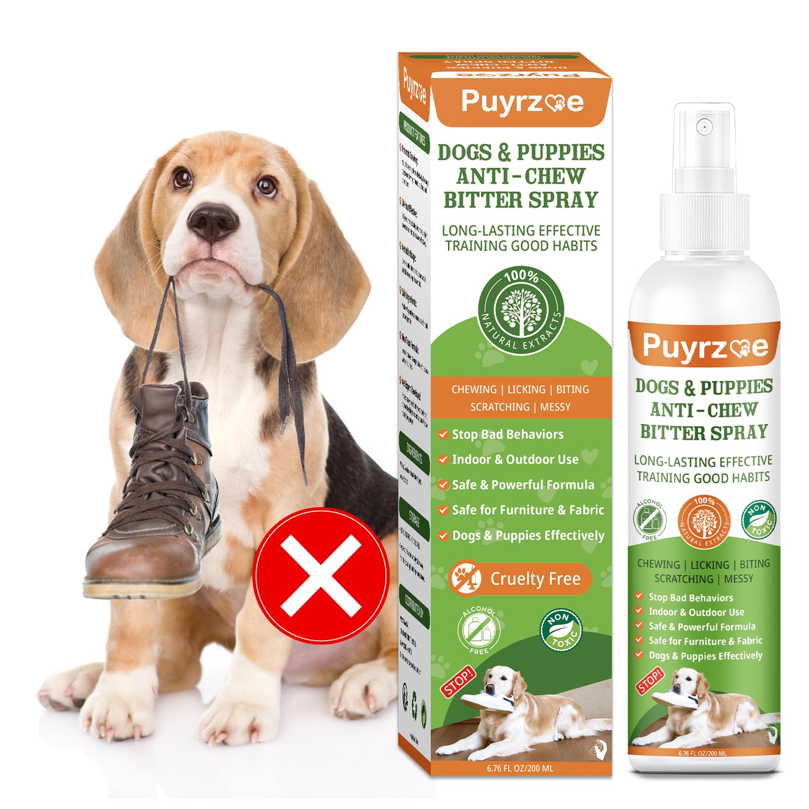 puyrzoe No Chew Spray for Dogs, 200ML Bitter Apple Spray for Dogs Natural Prevent Chewing & Licking Furniture, Sofa, Shoes, Bandages, Indoor Outdoor Dog Training & Behavior Aids, No Alcohol & Trace