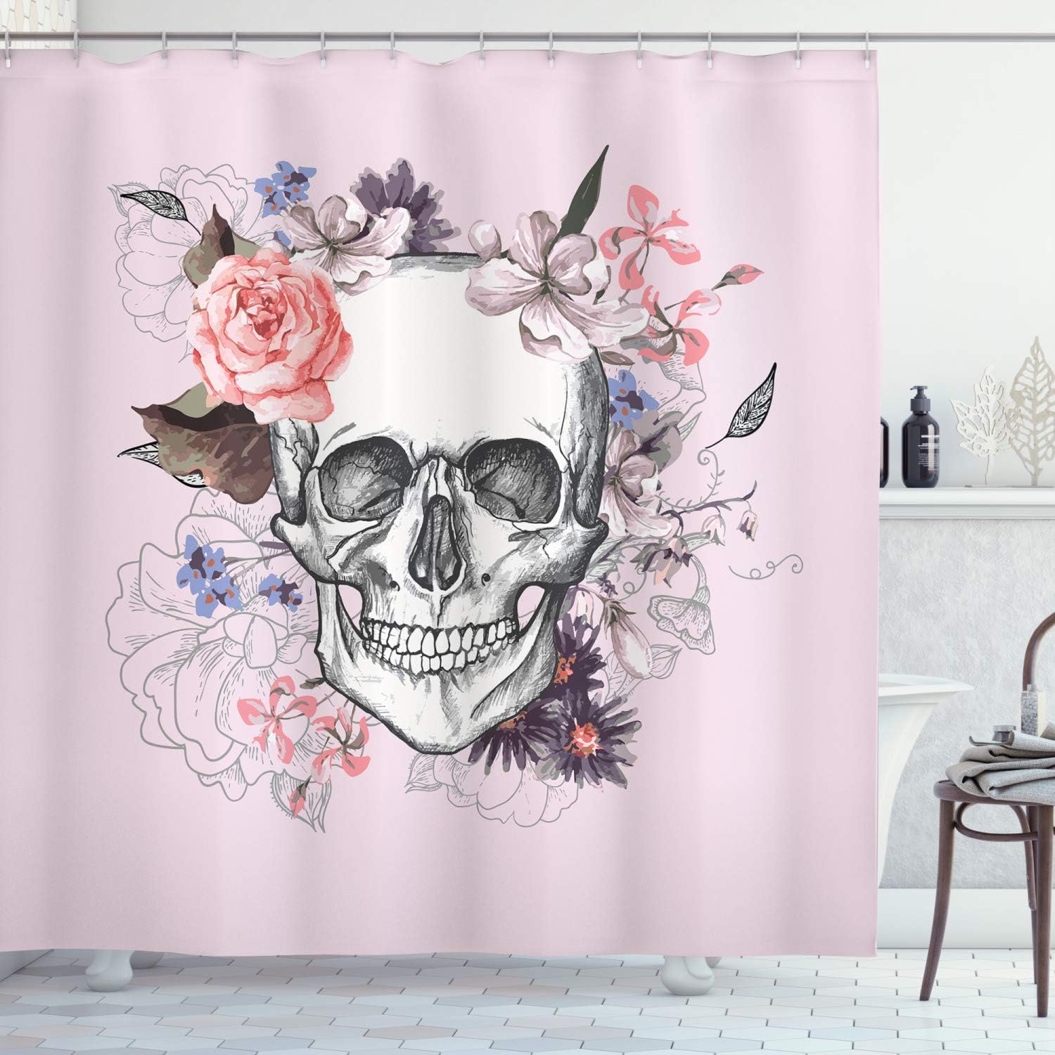 Ambesonne Skull Shower Curtain, Skull and Blooms Ceremony Celebrating Art Design Vintage Print, Cloth Fabric Bathroom Decor Set with Hooks, 69" W x 70" L, Pink Salmon