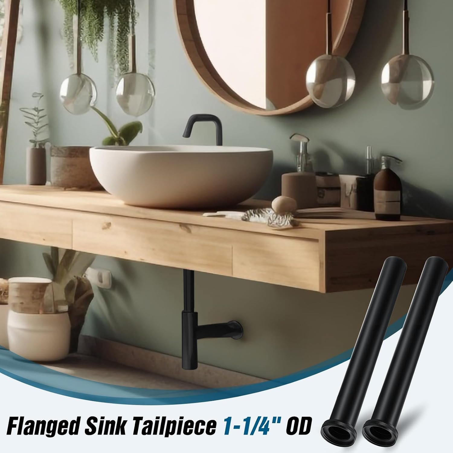 Tandefio 2 Pcs Flanged Sink Tailpiece 1-1/4" OD x 12" Brass Extension Tube for Trap Inlet Waste Sink Pipe Drain Connections(Black)
