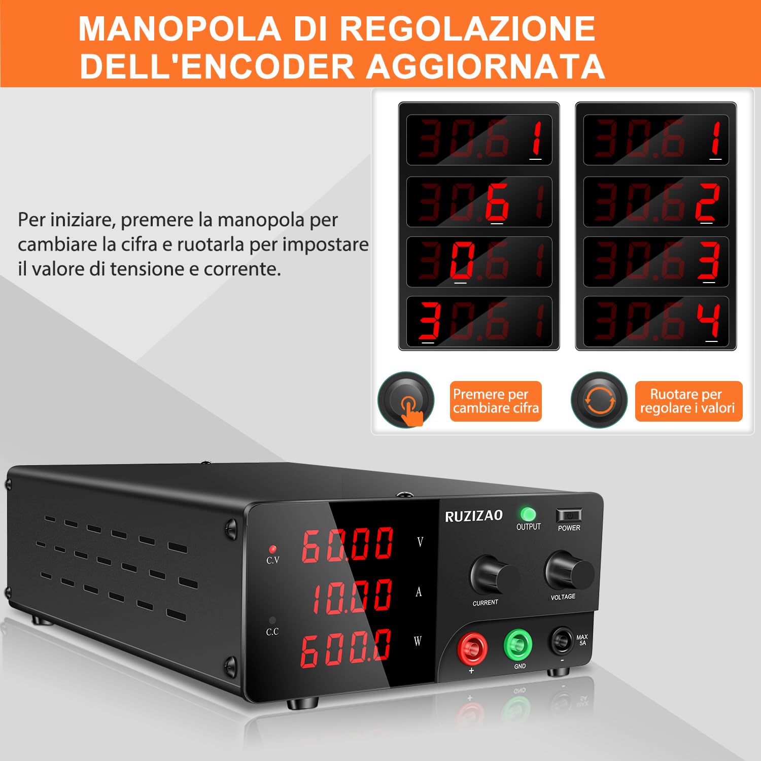 Alimentatore da Banco 60V 10A 600W Alta Potenza Alimentatore da Laboratorio Regolabile con OUTPUT/Encoder, Alimentatore Stabilizzato con Display LED a 4 Cifre e Uscita Stabile per Elettronica