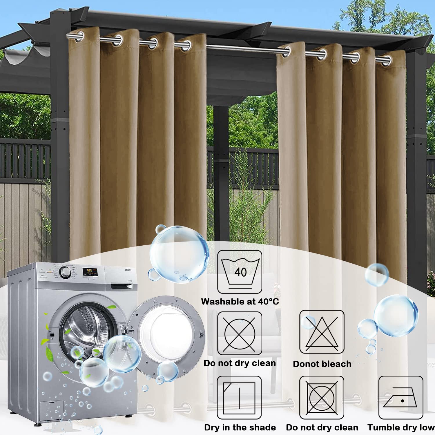 Outdoor Vorhänge Wasserdicht 230x800, Wasserdicht Verdunkelungsvorhang, Winddicht Wasserabweisend Sonnenschutz mit rostfreier Öse für Balkon Terrasse Veranda Pergola Gartenlaube - Khaki
