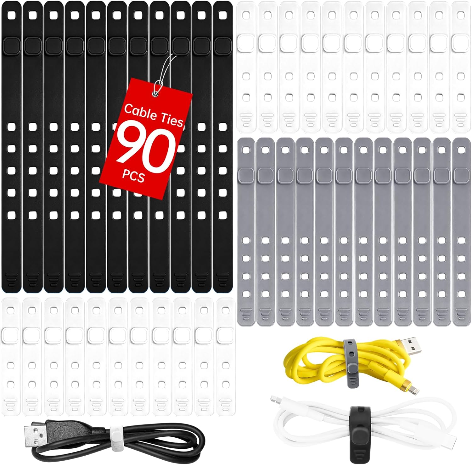 AROIC 90Pcs Silicone Cable Ties with 3 Sizes,Reusable and Washable with Adjustable Locking Buckle Design, Cord Organizer for Home, Office, Travel Essential, School (3 Colors)