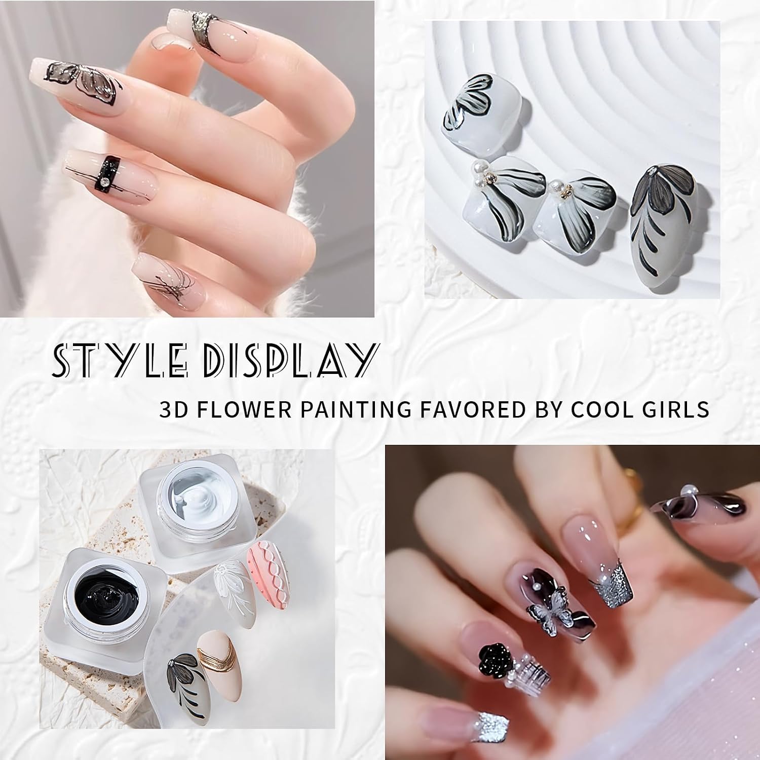 Sculpture Painting Nail Gel with Chrome Nail Powder 3D Black and White Painting Carved Nail Gel Metallic Mirror Effect Creative Molding Gel for DIY Nail Manicure Soak Off UV LED