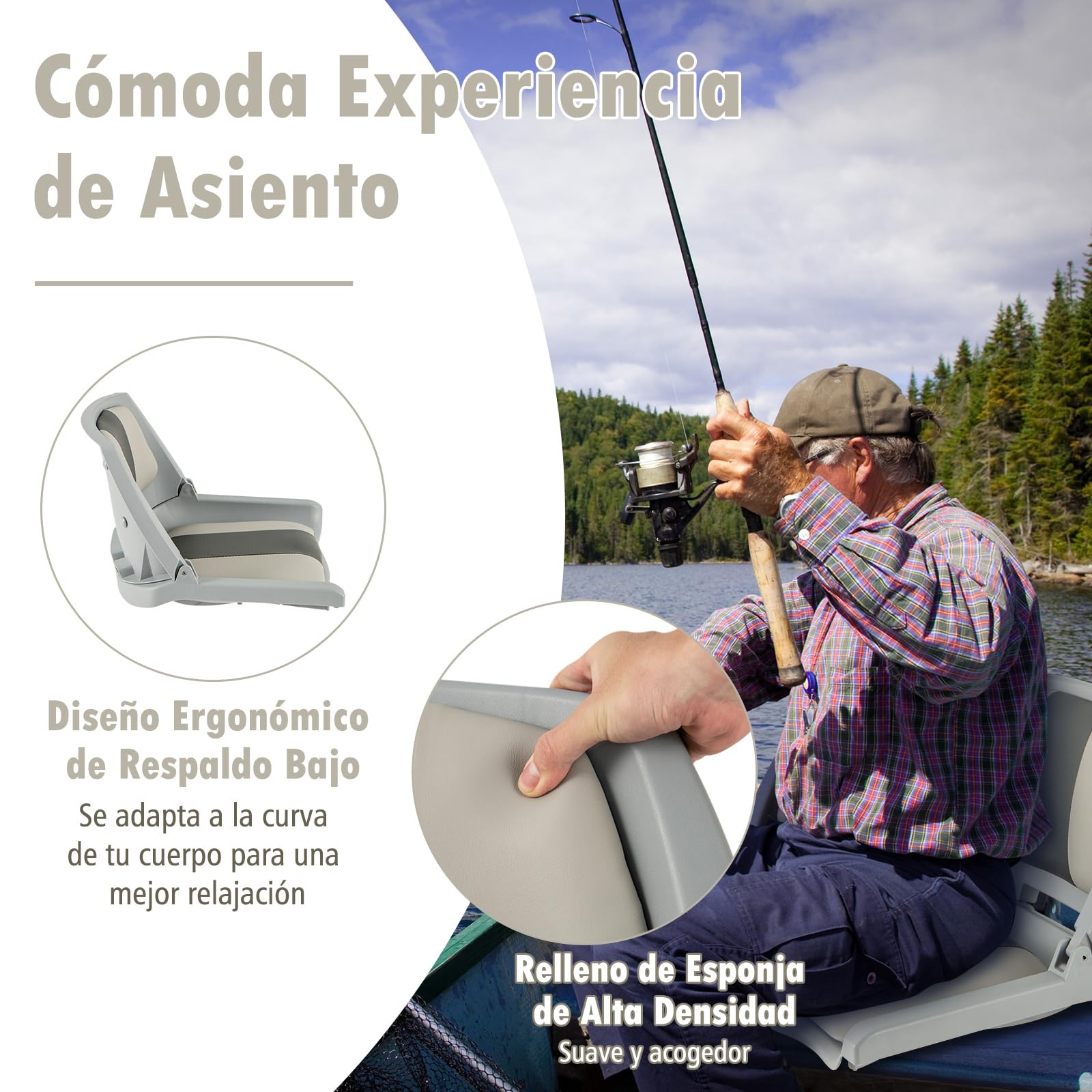 COSTWAY Asiento Barco Plegable, Sillas para Barco con Respaldo Bajo, Cojines Tapizados de Cuero de PVC, Asiento Yate Impermeable, Canoa