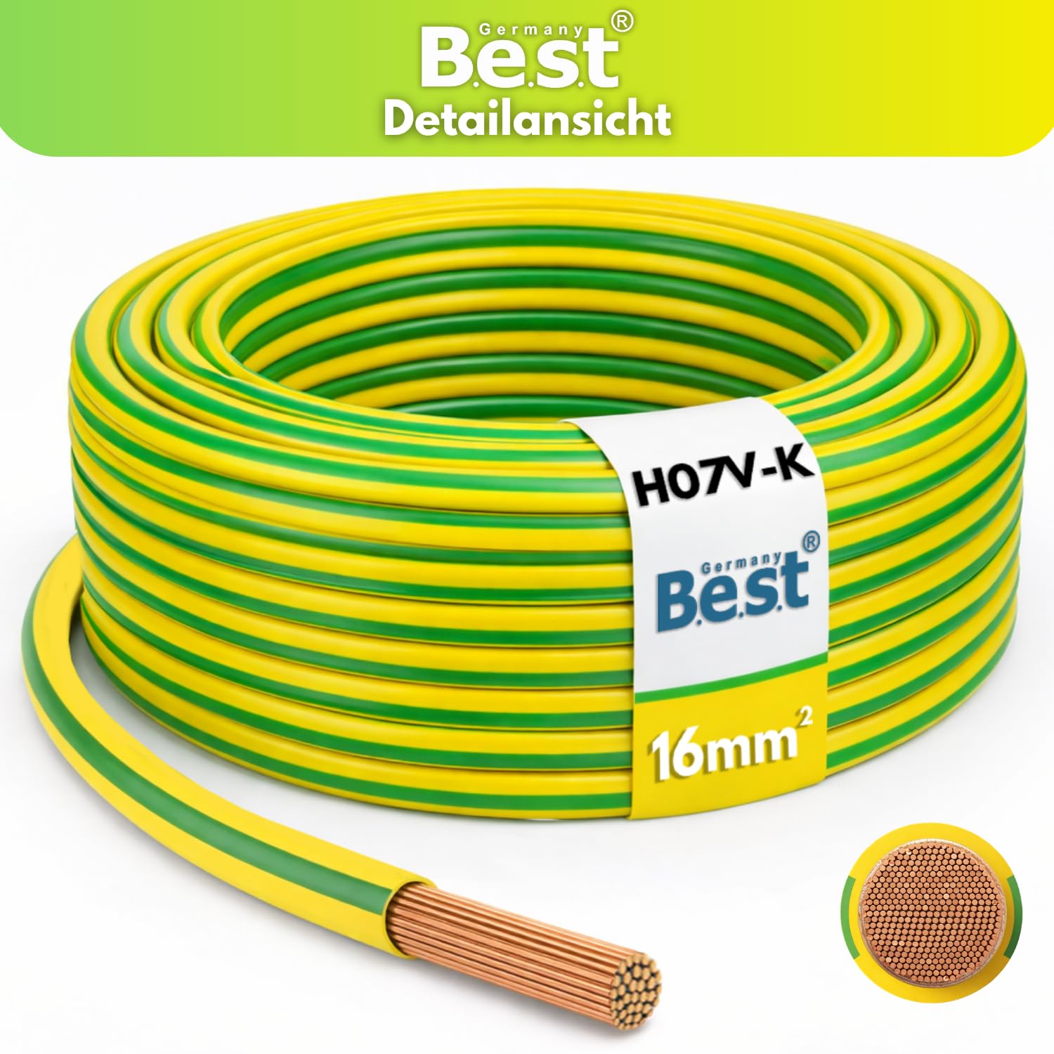 Cable de tierra 10 m 16 mm² verde-amarillo flexible – Conductor unipolar PVC H07V-K para instalaciones fotovoltaicas, línea de cableado, línea de instalación, hilo de cobre trenzado fino, conductor de