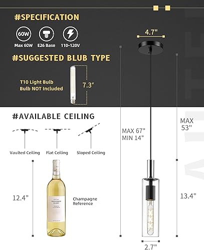 Miniatura 4 de AUTELO H3875 BK - Lámpara colgante de cristal de 1 luz, lámparas colgantes industriales en acabado de metal negro con vidrio transparente,