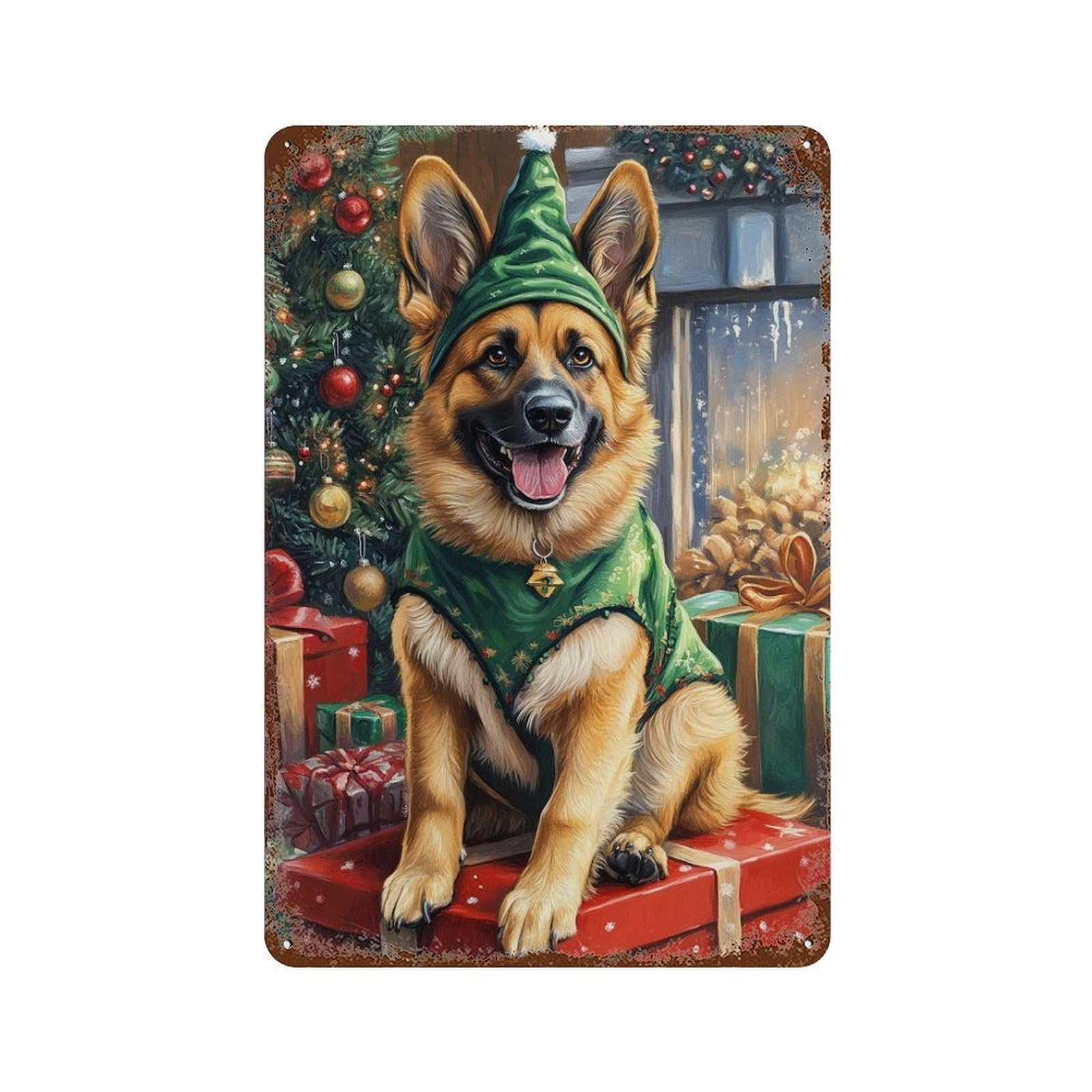 Garage Style Christmas German Shepherd Decor Rustic Tin Plaque 11.8"x7.9", Farmhouse Wall Decor for Bar And Workshop
