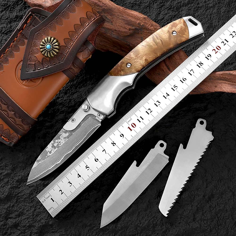 Joa klappmesser damast holz taschenmesser damaskus tanto edc damaszener stahl messer damaststahl outdoor messer survival Jagdmesser faltmesser damaszener multitool mit 3 abnehmbare klinge & Lederetui