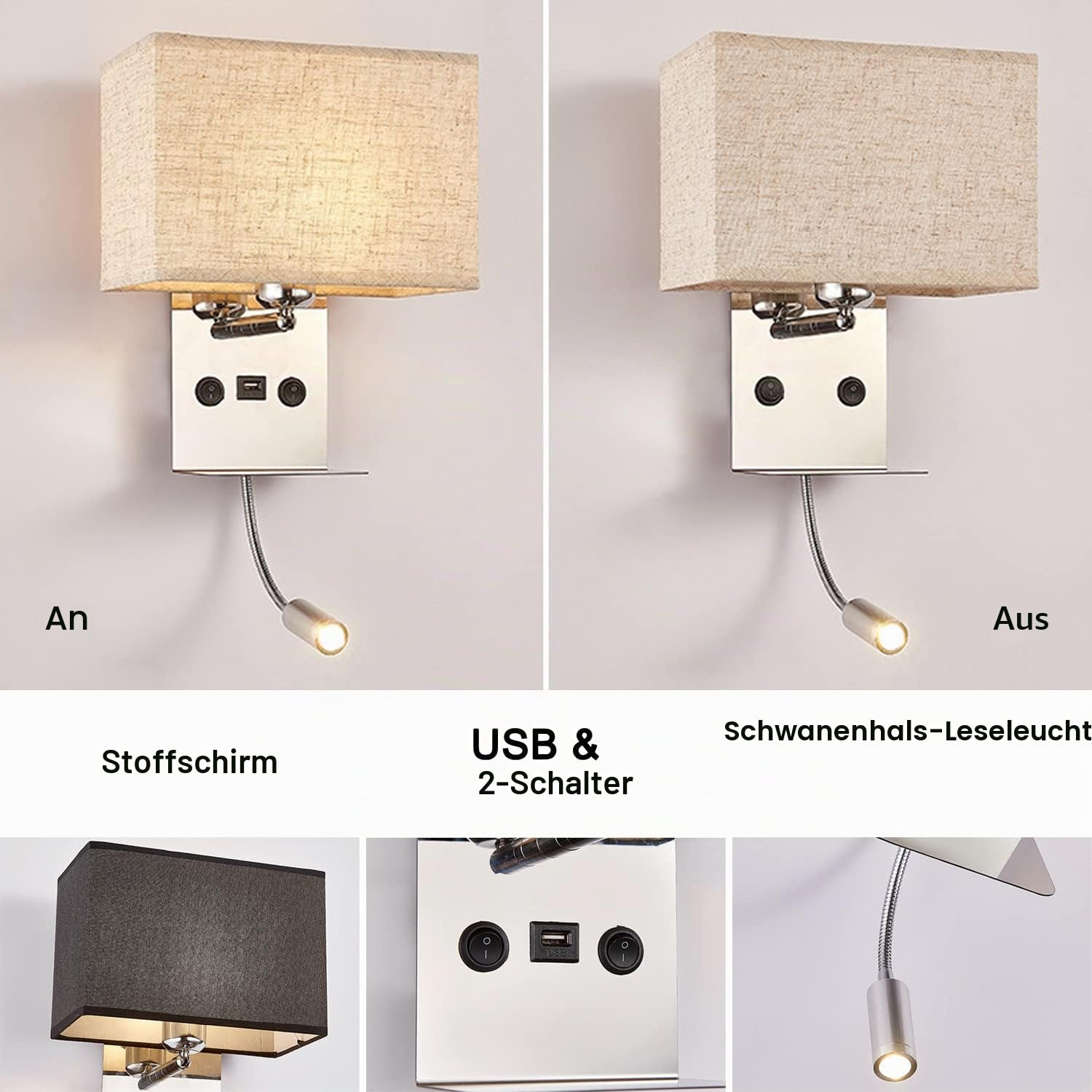 LANMOU Wandlampe Schlafzimmer mit Schalter, E27 Wandleuchte Innen mit Leselampe & Ablage, USB-Anschluss, Beige Stoffschirm, Warmweiß LED Leselampe Wand Nachtlampe für Schlafzimmer Wohnzimmer Hotel