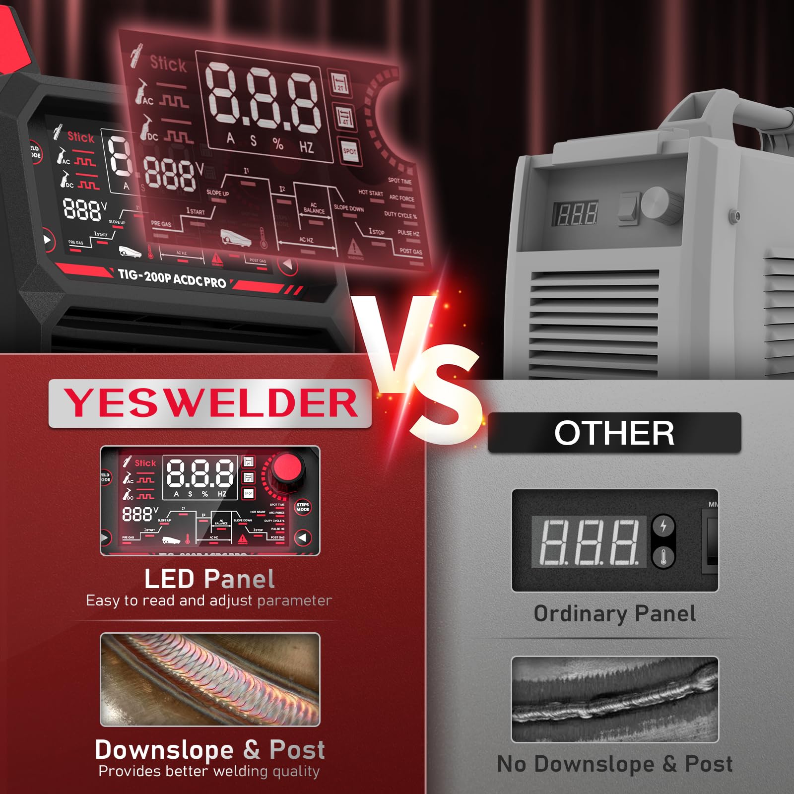 YESWELDER 200A AC/DC TIG Saldatrice Inverter Digitale 230V con Impulso Grande Display LED