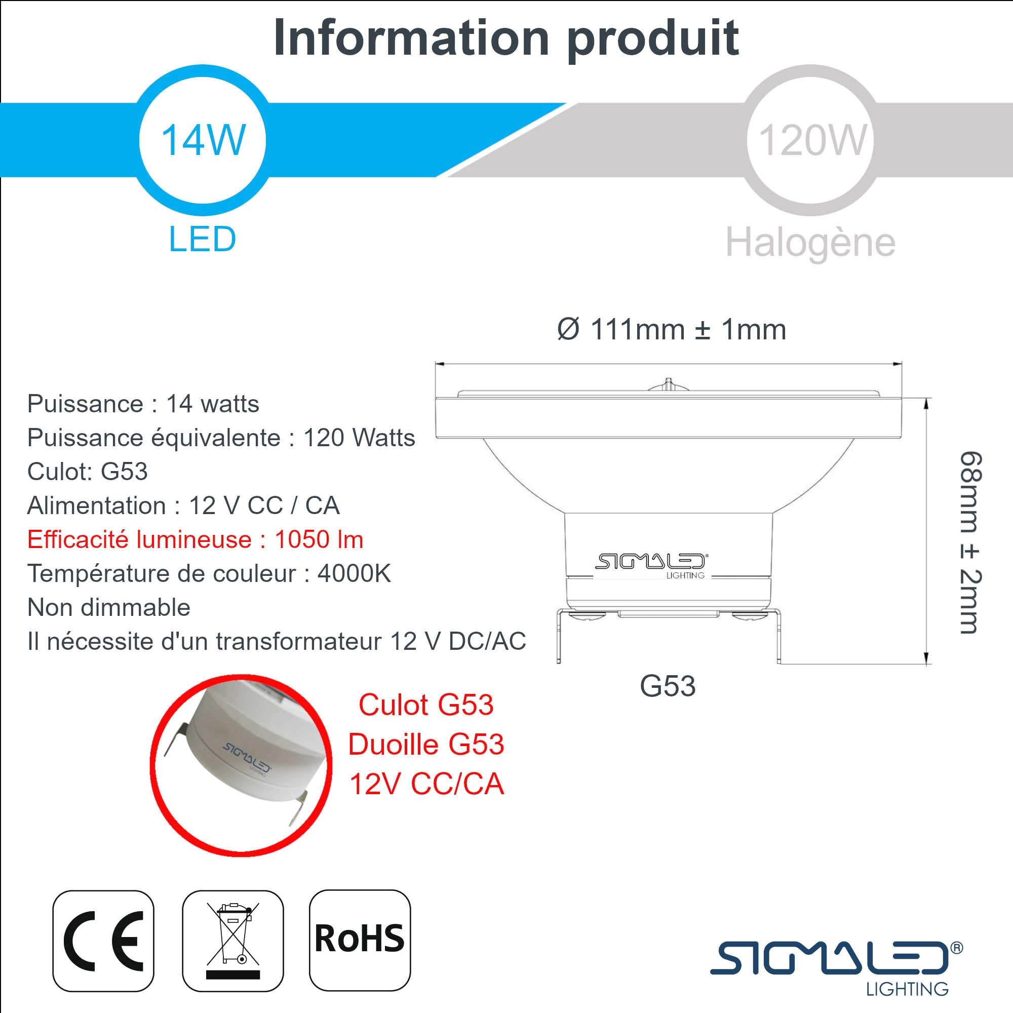 SIGMALED LIGTHING - SPOT LED AR111 G53 14W (équivalent 120W halogène) - 1050 lumens - Blanc Naturel 4000K - 12V DC/AC - Ampoule AR111 - LOT de 5 SPOTS