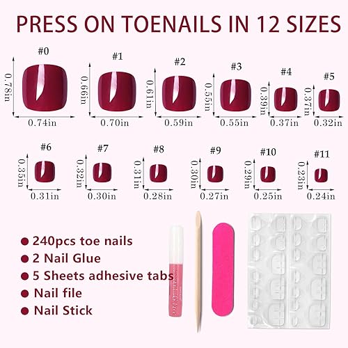 Miniatura 3 de AddFavor 240 uñas postizas a presión de color nude para mujeres, uñas postizas de punta color burdeos, uñas brillantes a presión en los dedos de los