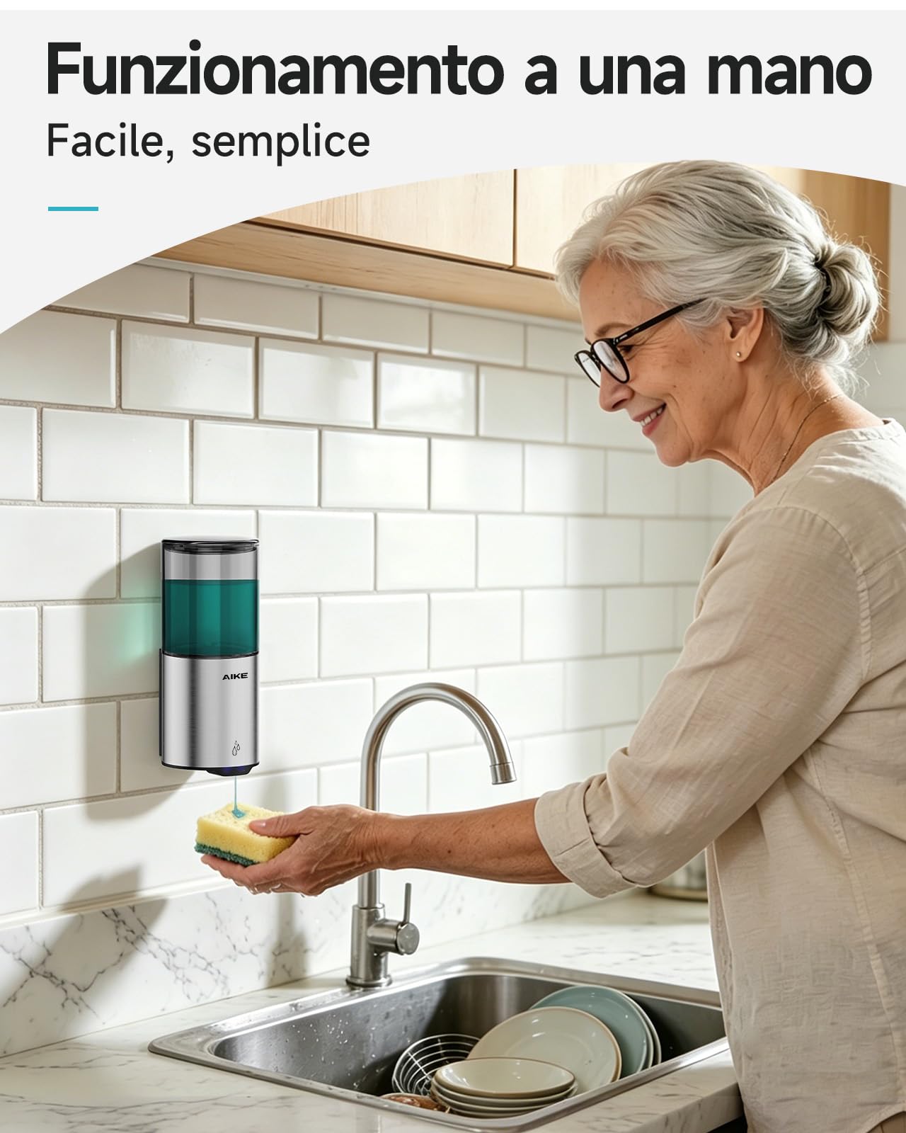 AIKE Dispenser Sapone Automatico, 400ML Liquido a Parete, IPX7 Impermeabile | Acciaio Inox Spazzolato, Sensore Touchless, 5 Livelli Volume, Montaggio Senza Fori, Doppio Montaggio, Facile Ricarica