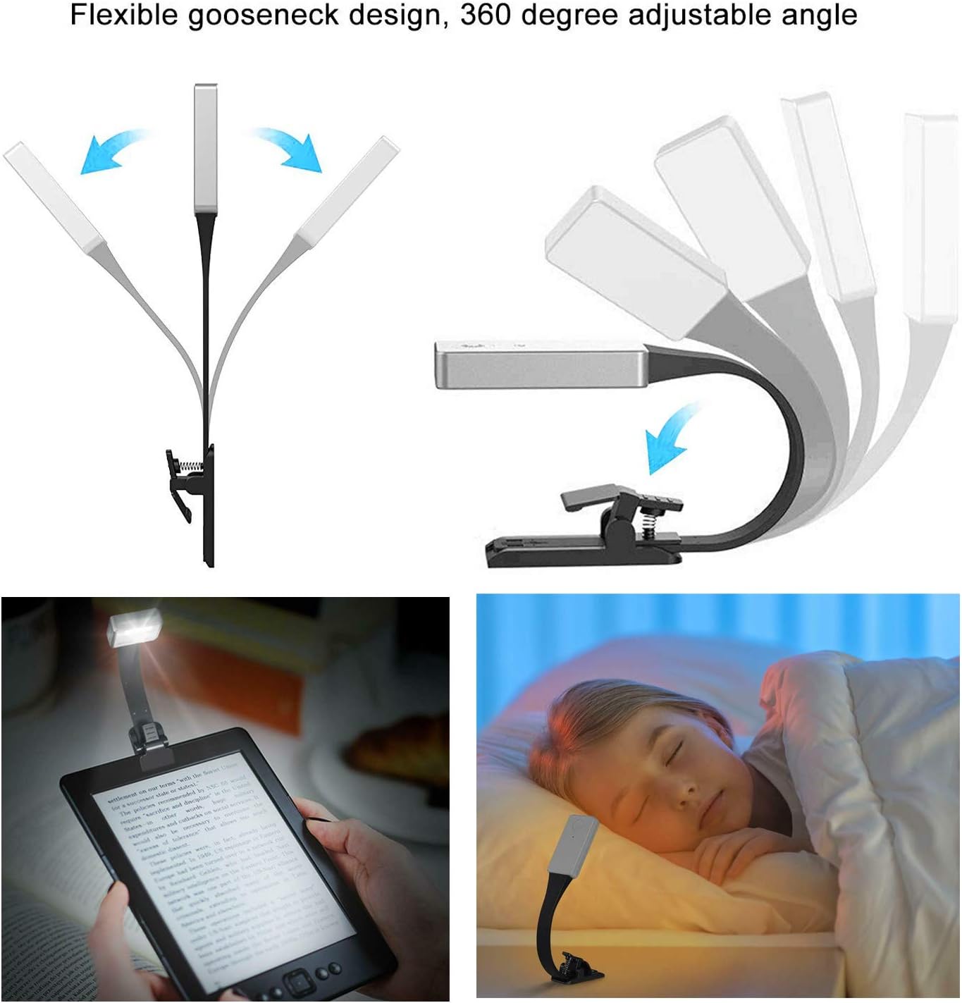 LED Reading Light,USB Rechargeable Eye Care Book Reading Light Clip On LED Flexible Bookmark Reading Lamp Double Clips for Book Kindle Bed Flight Travel