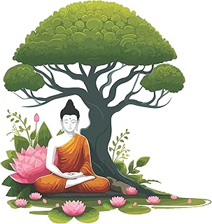 Creative Edge Gautam Buddha Sitting Under Bodhi Tree with Lotus Flower Wall Sticker Multicolor Decorative Peel and Stick V Price In India