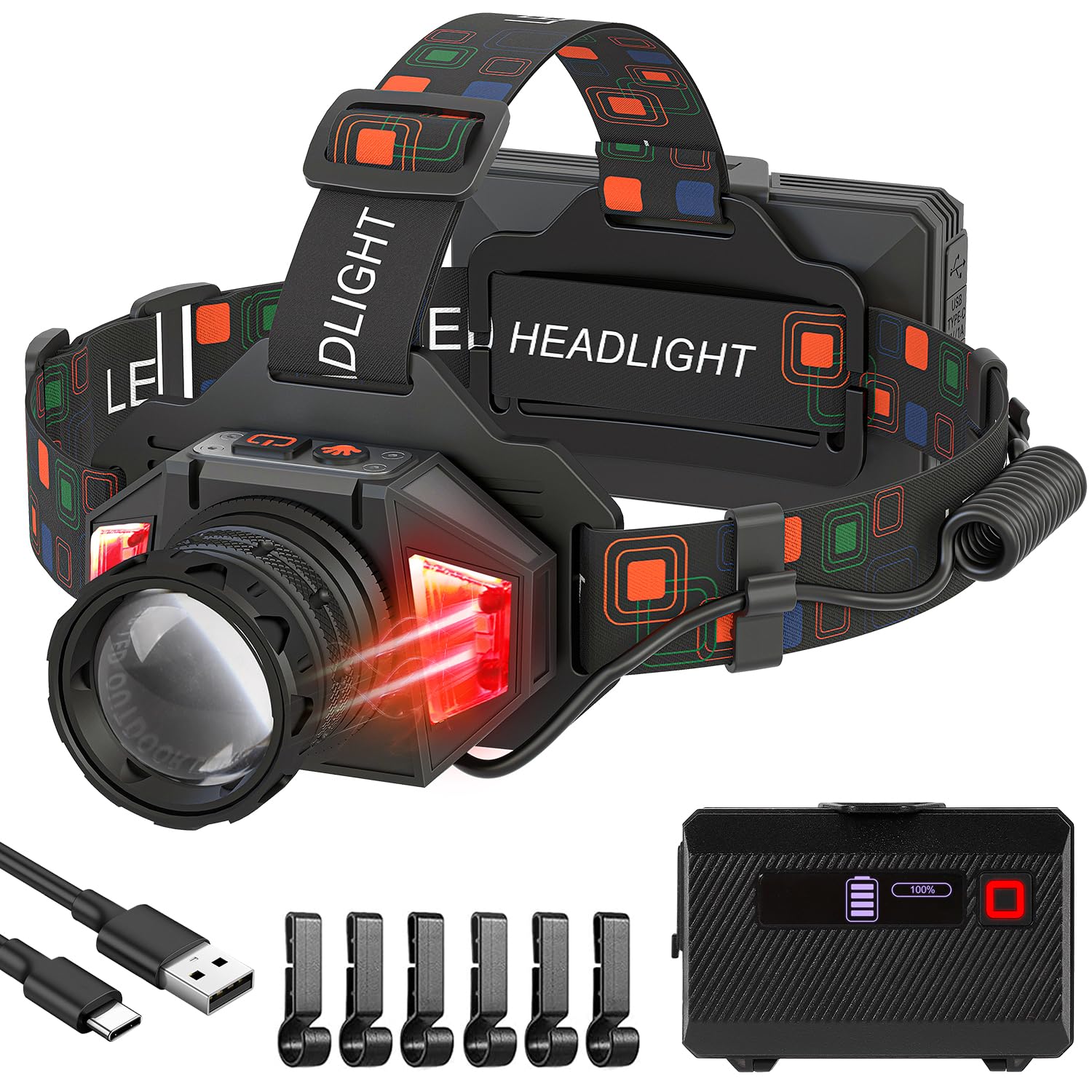 LED Headlamp Rechargeable, 3000 Lumens Head Lamp Battery Power | 9 Modes | 72H Long Battery Life | Motion Sensor | Red Light | IP65 Waterproof
