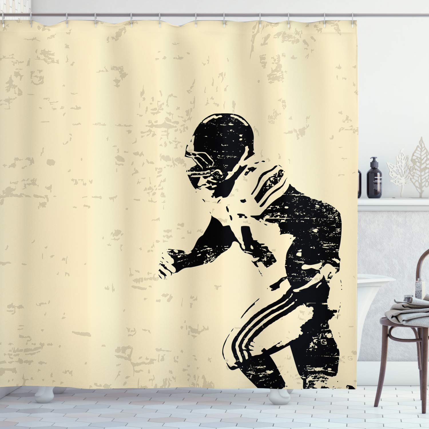 Ambesonne Sports Shower Curtain, Rugby Player in Action Running Success in Arena Playground Sport Best Team Picture, Cloth Fabric Bathroom Decor Set with Hooks, 69
