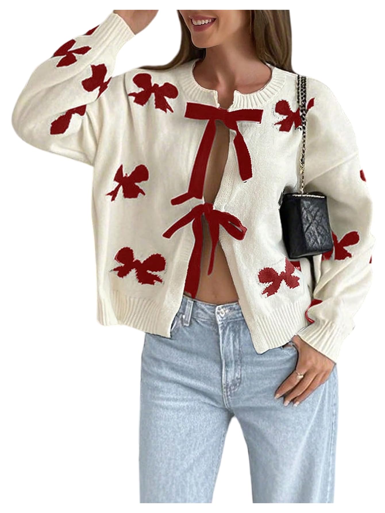 SHENHE Womens Tie Front Bow Cardigan Sweater Crew Neck Loose Fit Coquette Knit Sweater