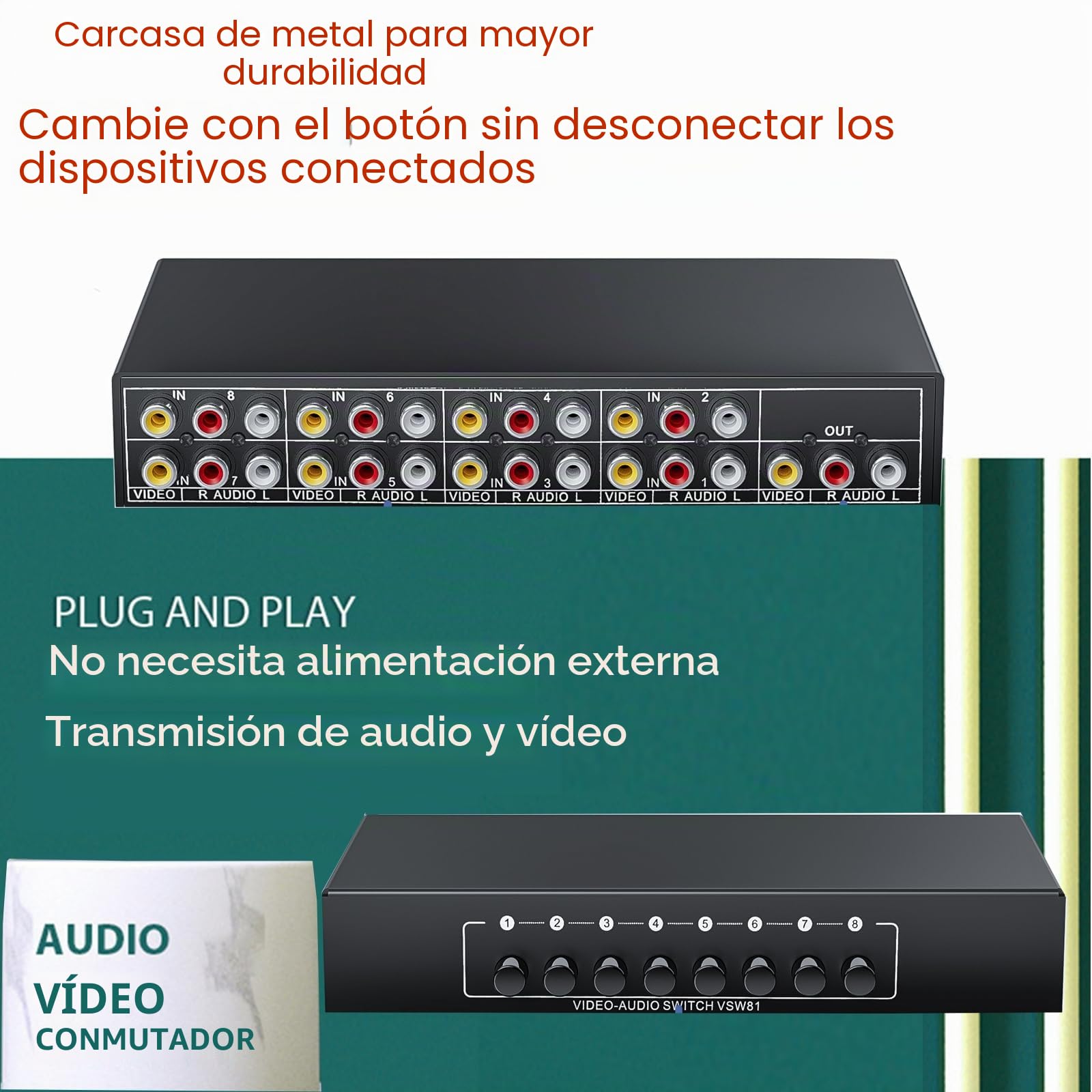 BolAAzuL Conmutador RCA 8 en 1 salida de video compuesto L/R caja selector de audio 8 x 1, conmutador RCA de 8 vías - Interruptor selector AV de 8 puertos - Plug & Play para Wii PS2 Xbox DVD STB HDTV