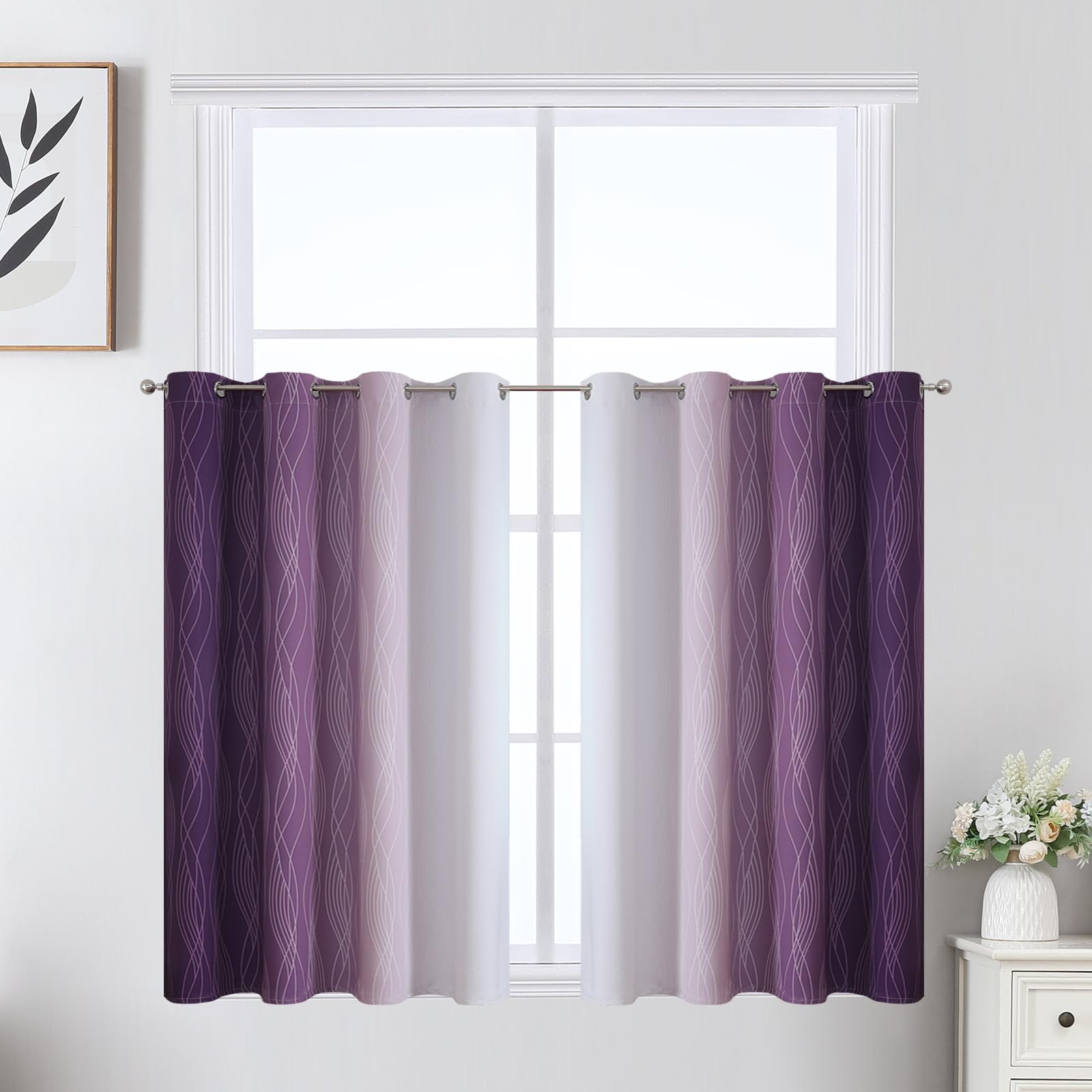 Estelar Textiler Purple and Greyish White Ombre Short Blackout Kitchen Curtains 36 Inch Long, Thermal Insulated Grommet Small Half Window Drapes for Cafe/Basement/RV Camper, 52Wx36L, 2 Panels