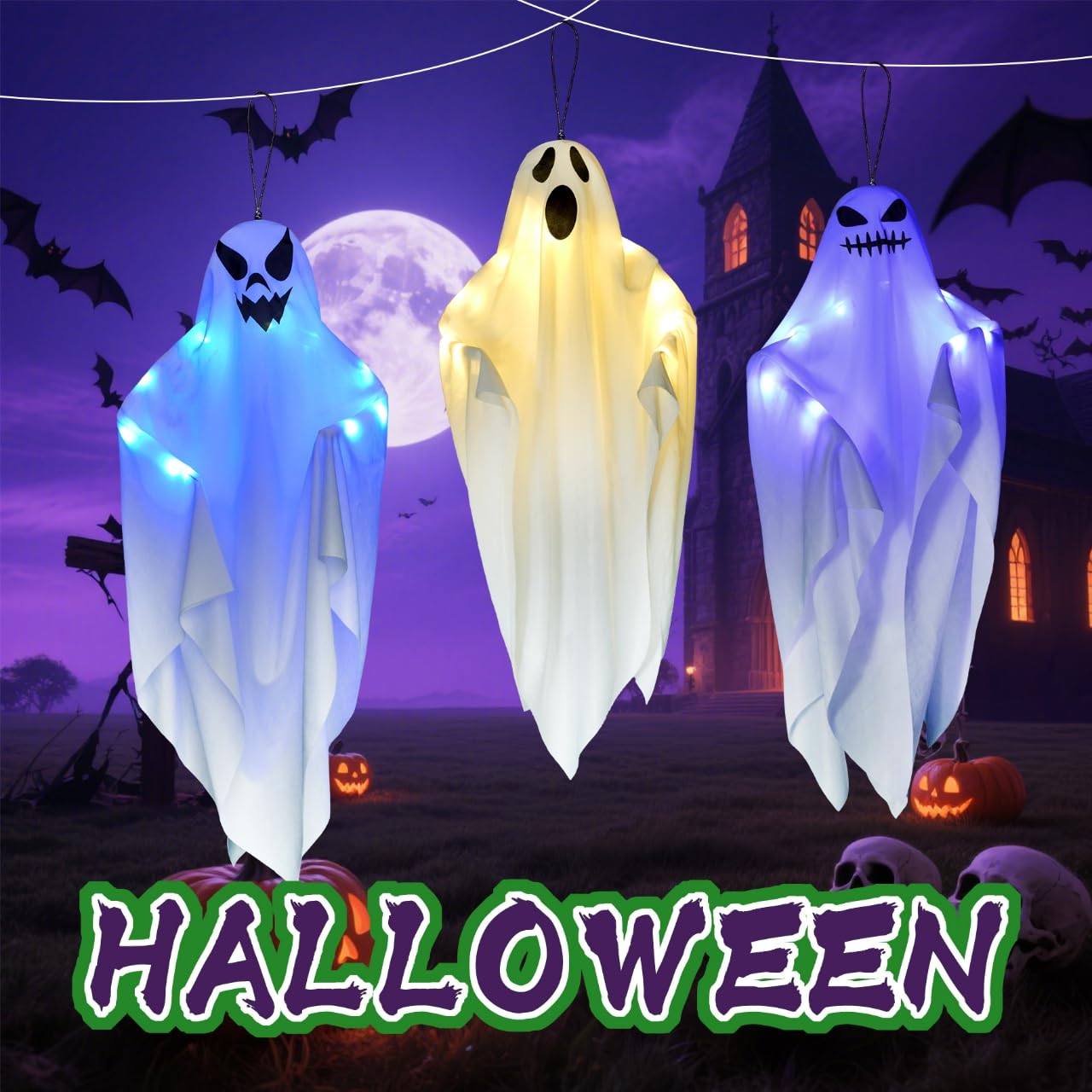 LUZOON Decorazione per Halloween, per esterni, Halloween, 3 pezzi, 65 x 70 cm, con luci a LED, fantasma, sacco a vento, decorazione da appendere per interni ed esterni, giardino horror