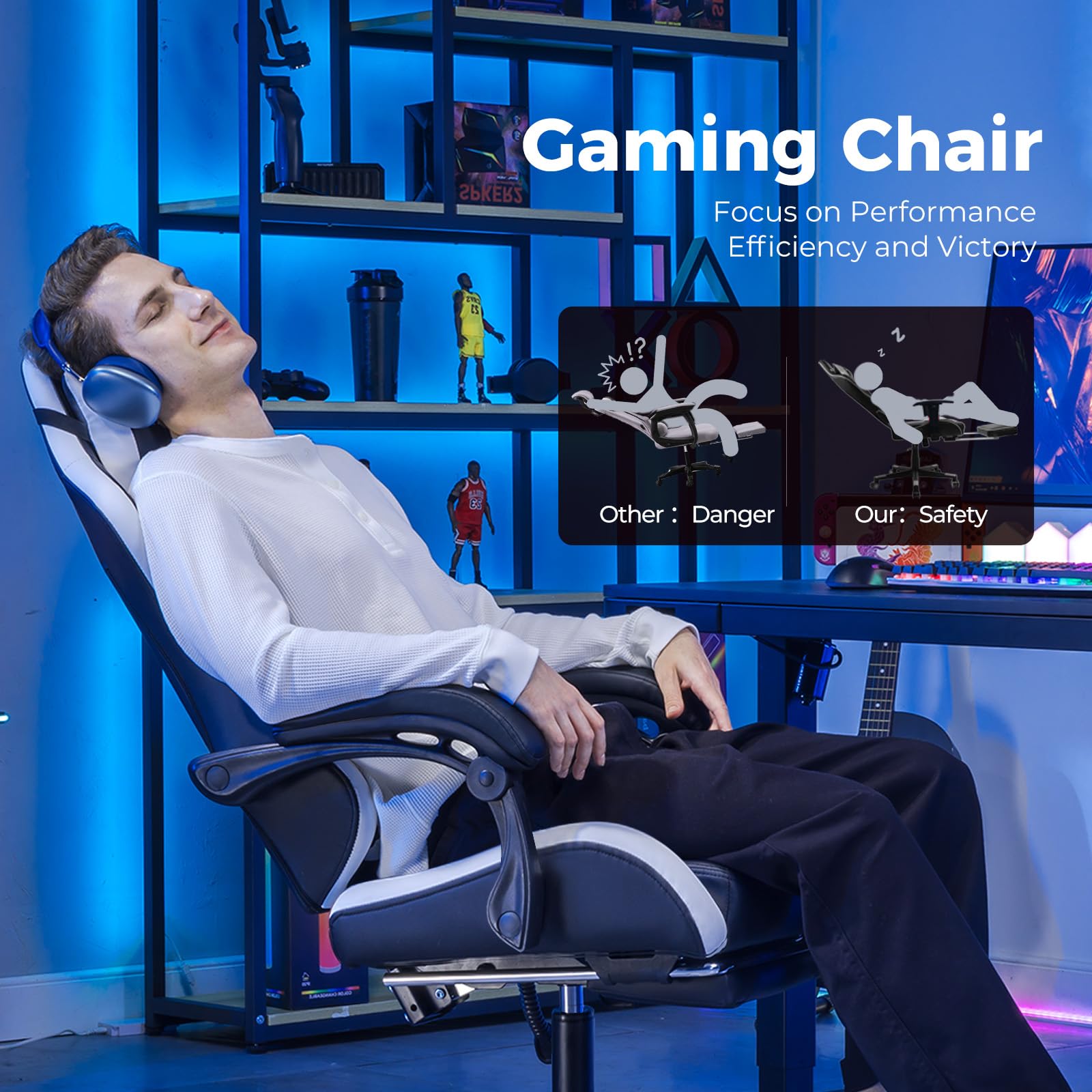GTPLAYER Silla de Gaming Ergonómica de Oficina, Silla de Juego con Reposapiés, Reposacabezas y Soporte Lumbar Ajustables, Sillón Gamer, Blanco