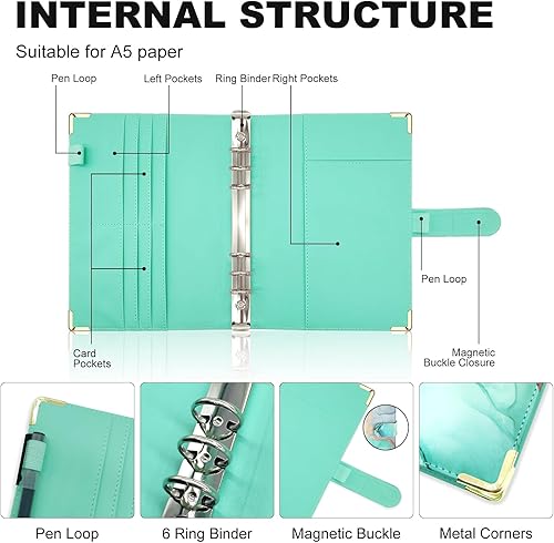 Miniatura 54 de Carpeta A5 recargable de piel sintética con 6 anillas, cubierta para cuaderno pequeño para papel de relleno A5, cubierta de planificador personal