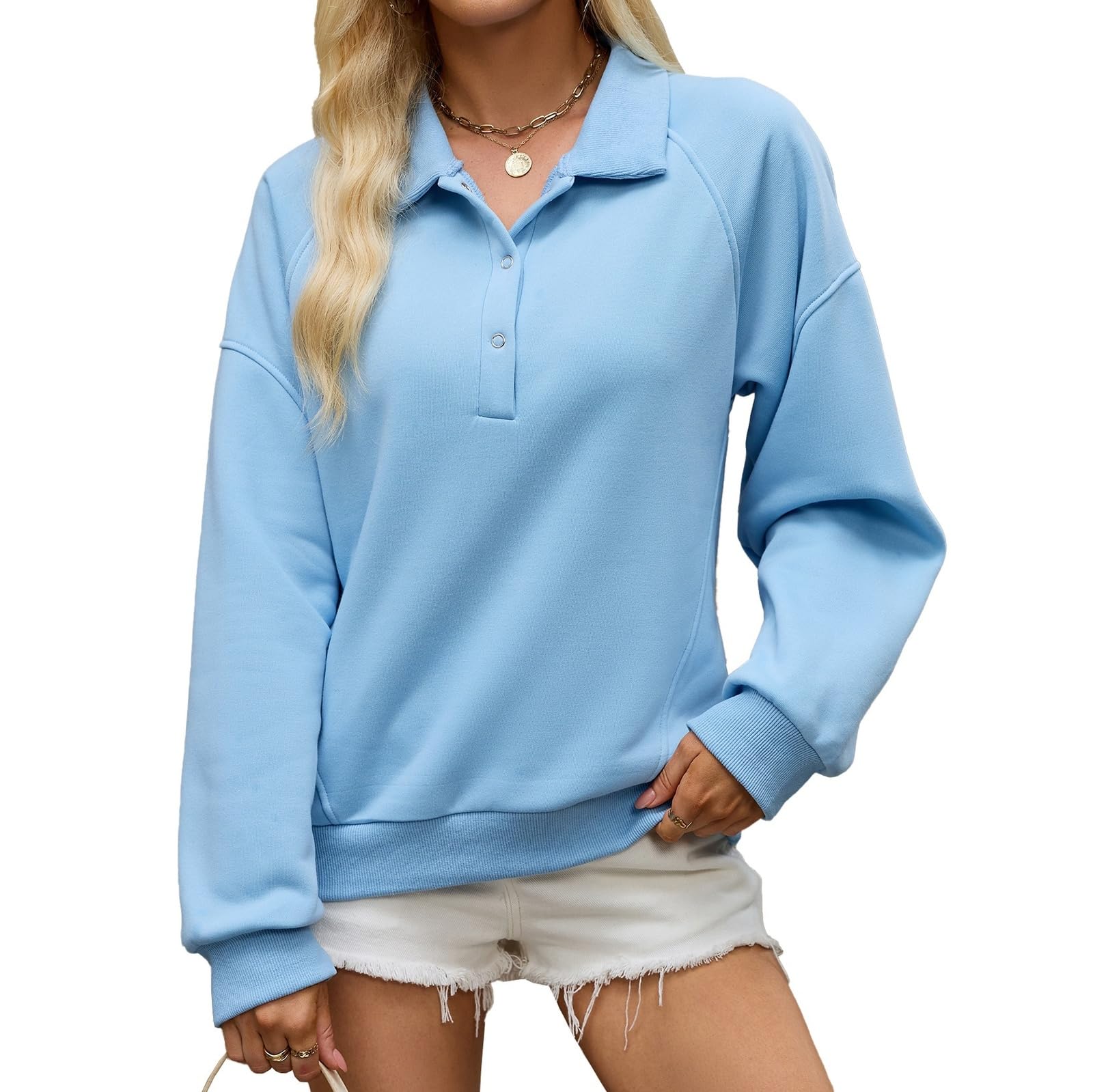 Sudadera de forro polar de manga larga con cuello de botón para mujer
