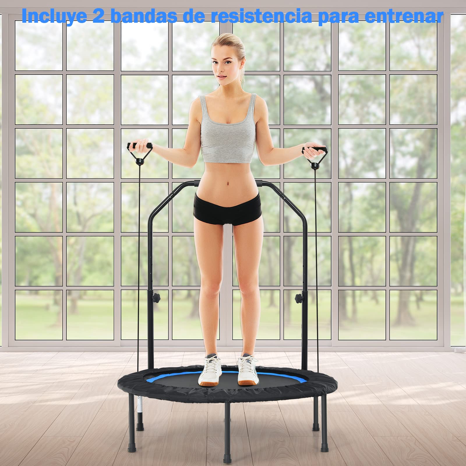 COSTWAY Cama Elástica Plegable 101 cm con 2 Bandas de Resistencia, Trampolín Elástico con Empuñadura Regulable, Cama Elástica Fitness de Interior y Exterior para Niños y Adultos