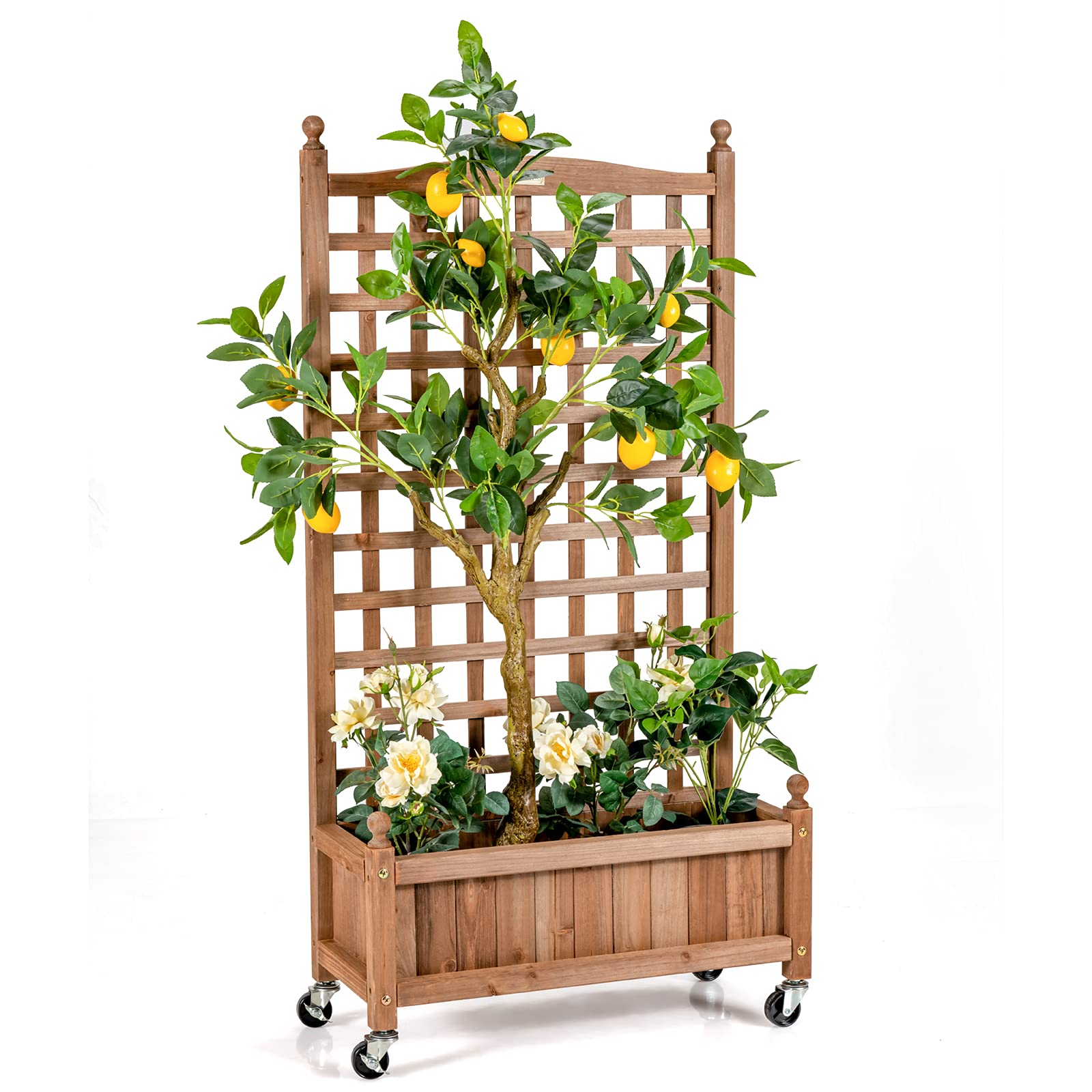 RELAX4LIFE Jardinière Treillis sur Roulette, Jardiniere Surélevée en Bois de Sapin pour Plantes Grimpantes, Bac à Fleurs avec Treillis, Résistant aux Intempéries pour Cour, Jardin, Balcon