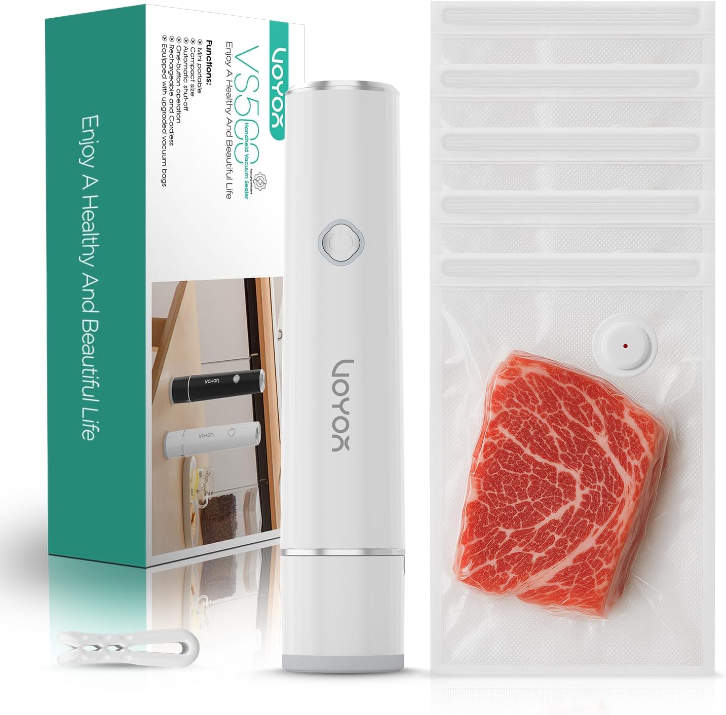 VOYOR Handheld Vacuum Sealer for Food Preservation & Storage Portable Vacuum Sealer for Food with 5 PCS Reusable Upgraded Vacuum Bags Cordless and Rechargeable Compact Vacuum Sealer VS500(White)