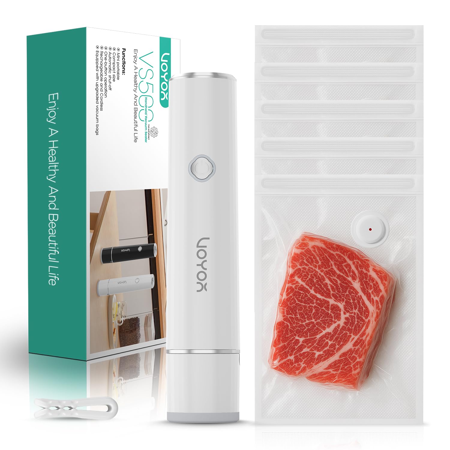 VOYOR Macchina Sottovuoto Alimenti Portatile Utilizzato per la Conservazione Degli Alimenti Palmare Macchina Sottovuoto con 5 Sacchetti Sottovuoto Potenziati Pompa Sottovuoto Alimenti VS500 (Bianco)