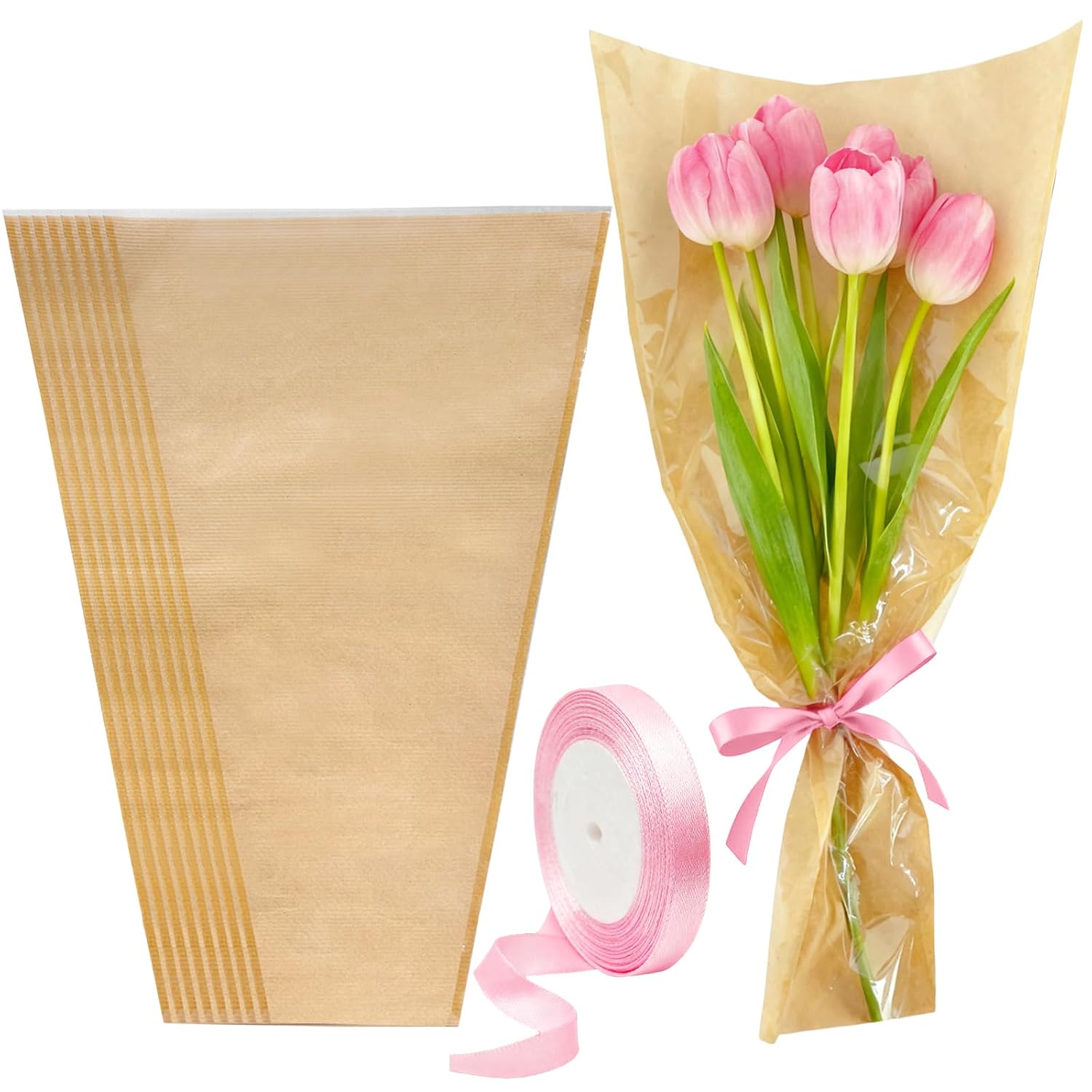 50PCS Flower Bouquet Bags, Bouquet Wrapping Paper Flower Bar Supplies with Ribbon, Brown Floral Sleeves Floral Bags for Teacher Graduation Wedding Birthday Gift (9.8x3.9x17.7 Inches)