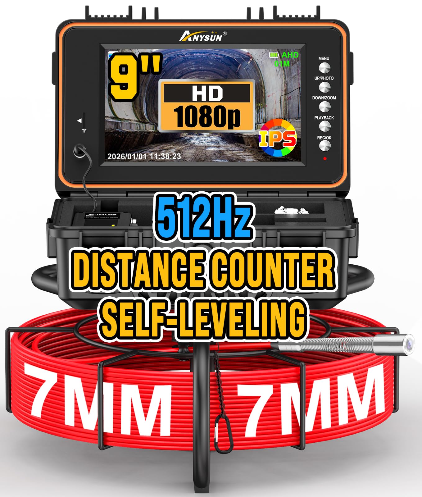 Anysun Cámara Inspección Tuberías Autonivelante con Emisor 512Hz y Contador Metros, Endoscopio Fontanería 1080P, Pantalla IPS 9", Grabación DVR, Cámara IP68 para Alcantarillado y Desagües