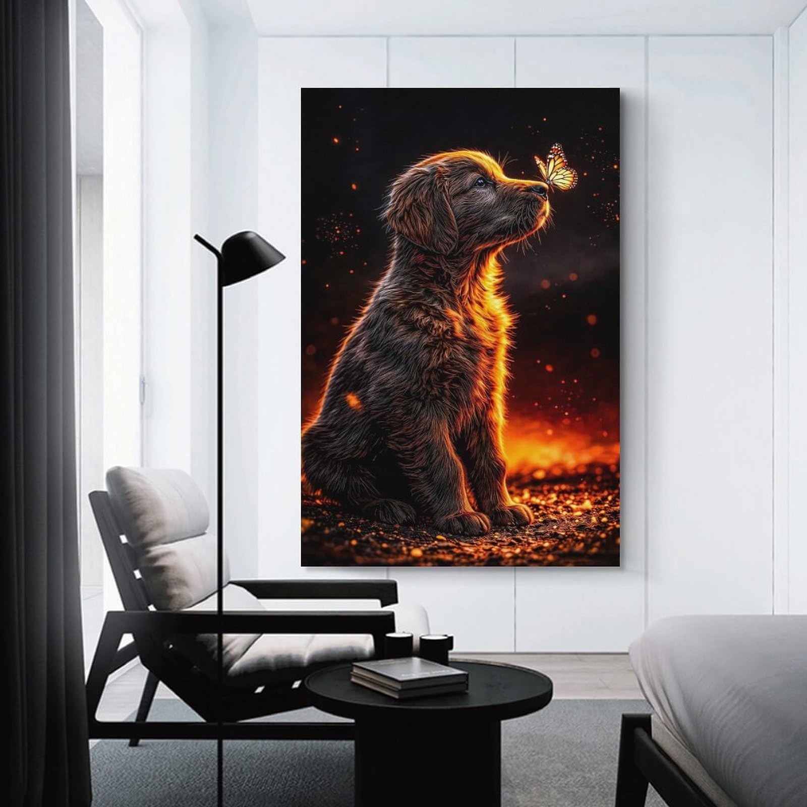 Junmoney Puppy And Butterfly in Fiery Glow Hanging Wall Art 24x36inch(60x90cm), for New Homes, Bedrooms Or Workspaces, Thoughtful Wall Decor for Art Lovers