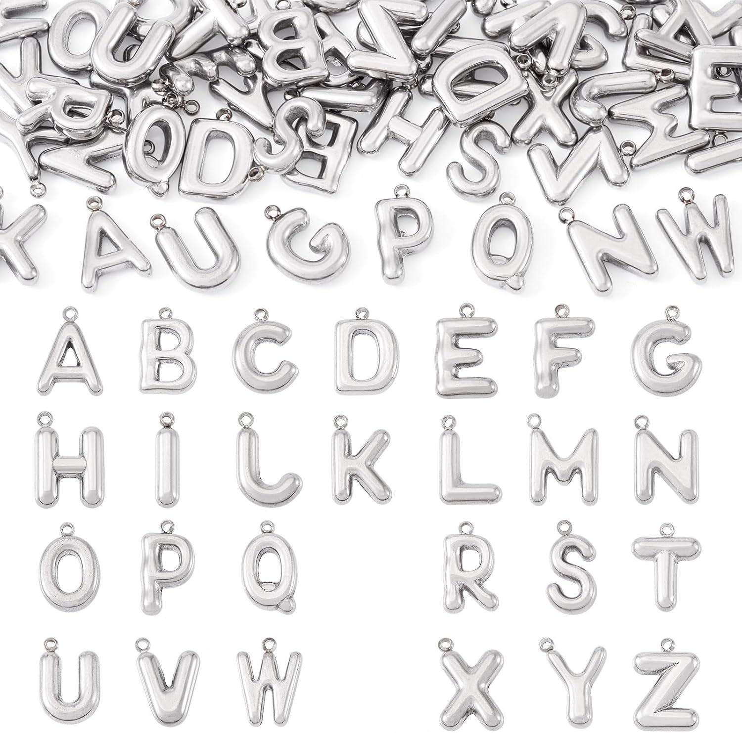 Beadthoven 52Pcs 26 Letter Charms Silver Stainless Steel Initial A-Z Alphabet Pendant Small Capital ABC Bubble Letter Metal Charms Cute Jewelry Accessory for DIY Necklace Earring Keychain Craft Making