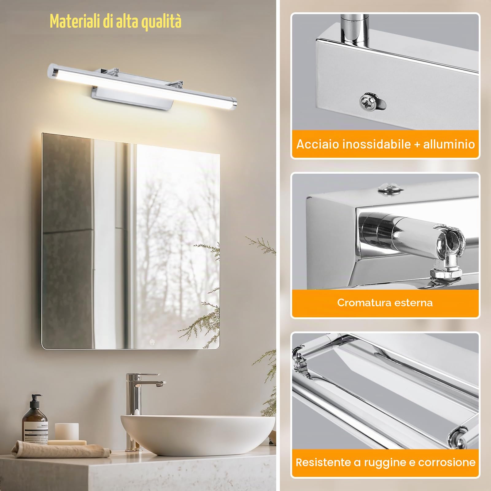 Applique Bagno 9W 42CM - Lampada Specchio Con Interruttore IP44 Bianco Neutro 4000K per il Trucco - Luce LED AC100-240V Non Dimmerabile