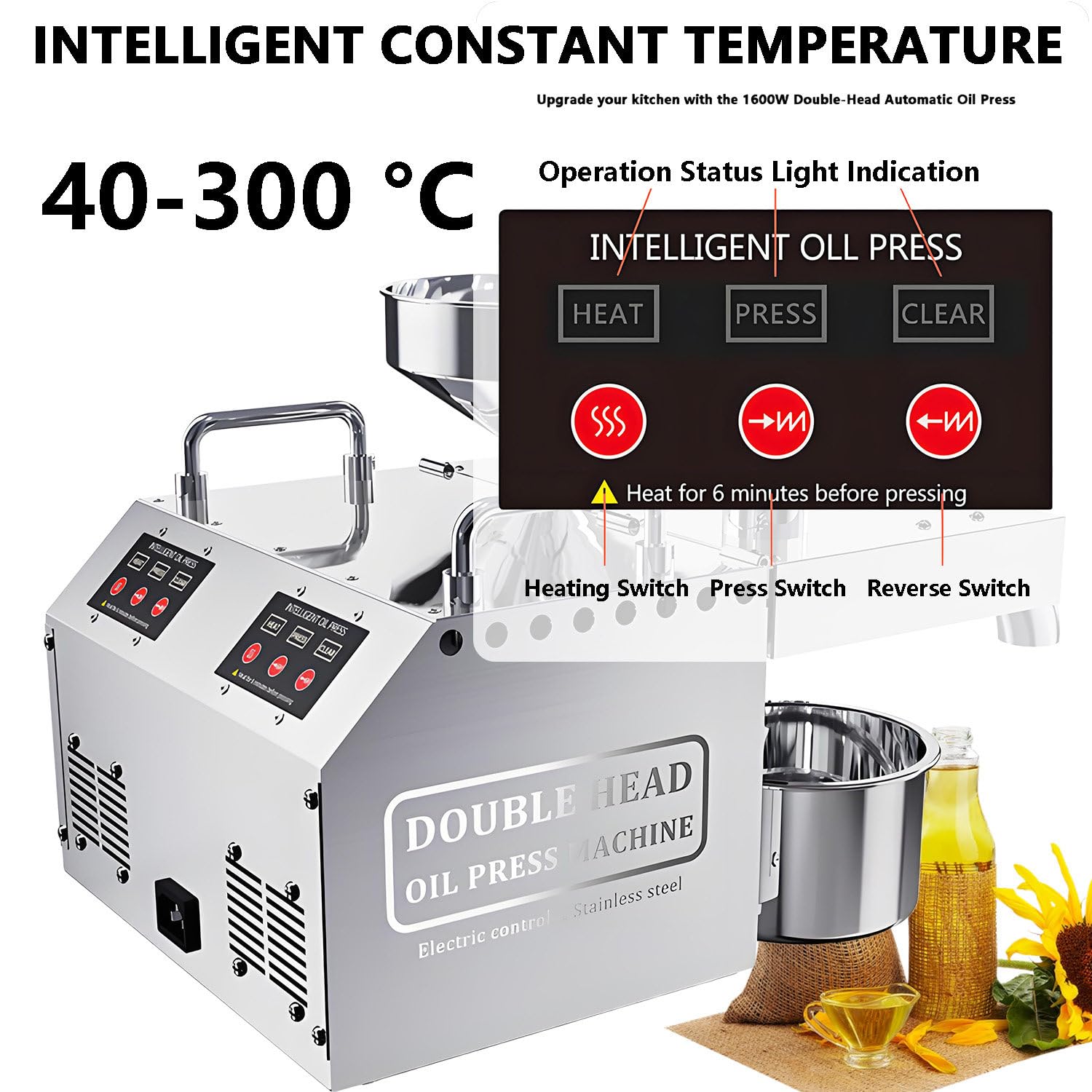 Máquina de prensa de aceite de doble cabezal, 1600 W de temperatura constante, prensa fría y caliente, salida de 6 a 13 kg/h, trabajo continuo de 24 horas para frutos secos y semillas