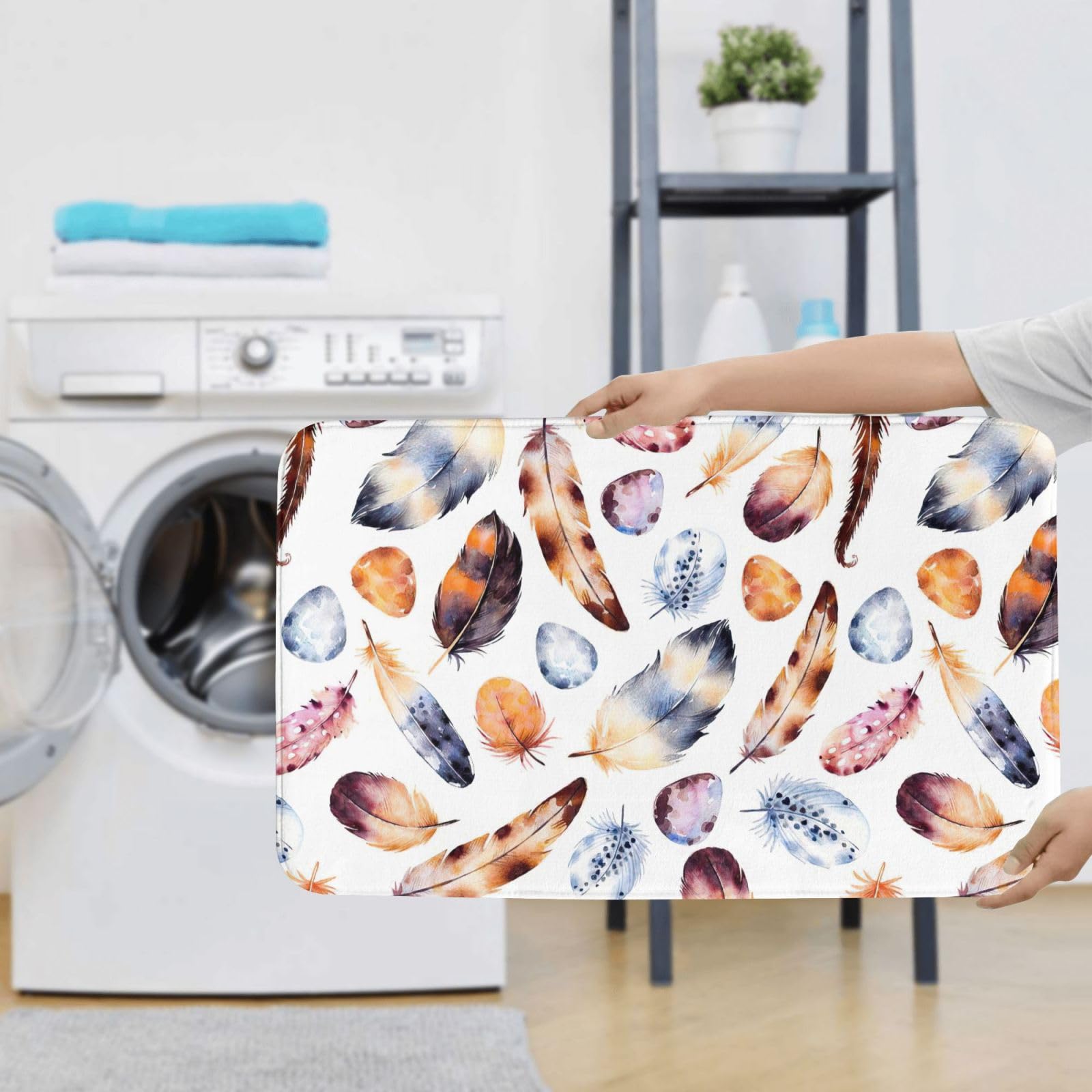 BREAUX Tapis de sol antidérapant imprimé plumes de paon coloré, tapis de sol de salle de bain antidérapant couverture de douche 3 pièces