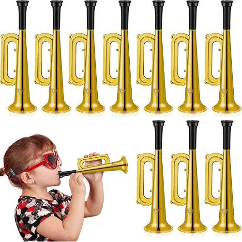 Poen 12 Pcs Toy Trumpet Kids Mini Metallic Trumpet Parties Musical Blow Horn Instruments Plastic Noise Makers for Kids Events Party Favors Music Class Stage Props 7 Inch Easter Day(Gold)