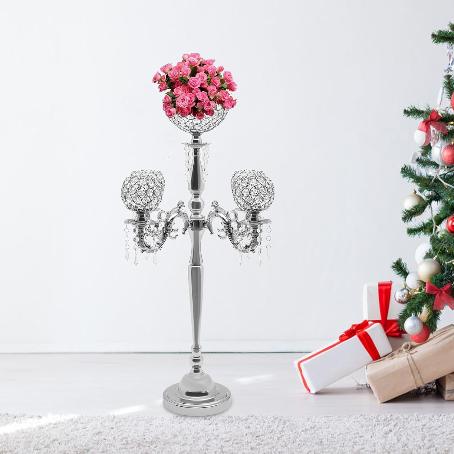 5 Arm Crystal Candelabra for Wedding Centerpieces, 35 Inch Tall Metal Candle Holder Candlestick Stand with Flower Vase for Wedding Party Dinner Table Event (Silver)