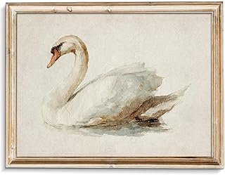 uniro White Swan Retro Wall Art Classical Swan Canvas Oil Painting Poster Elegant Nursery Bird Painting Watercolor Swan Vintage Art Pictures Farmhouse Neutral Bathroom Wall Decor - 8x10 Unframed