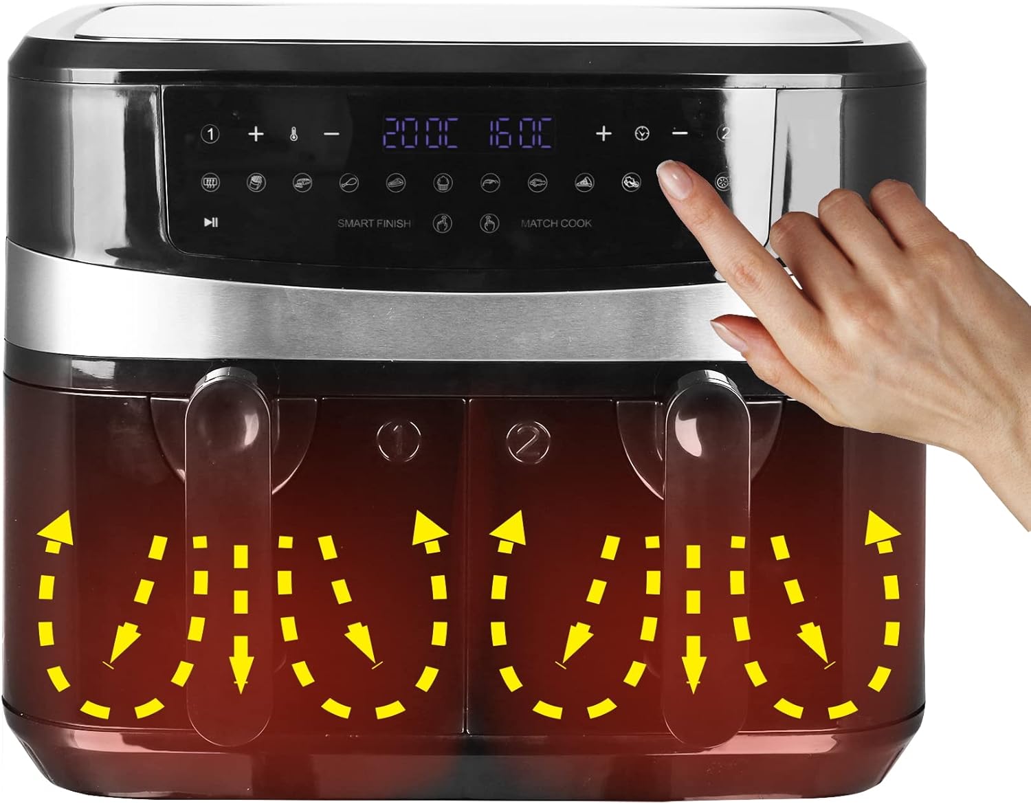 Diagram showing hot air circulation in EMERIO Dual Air Fryer