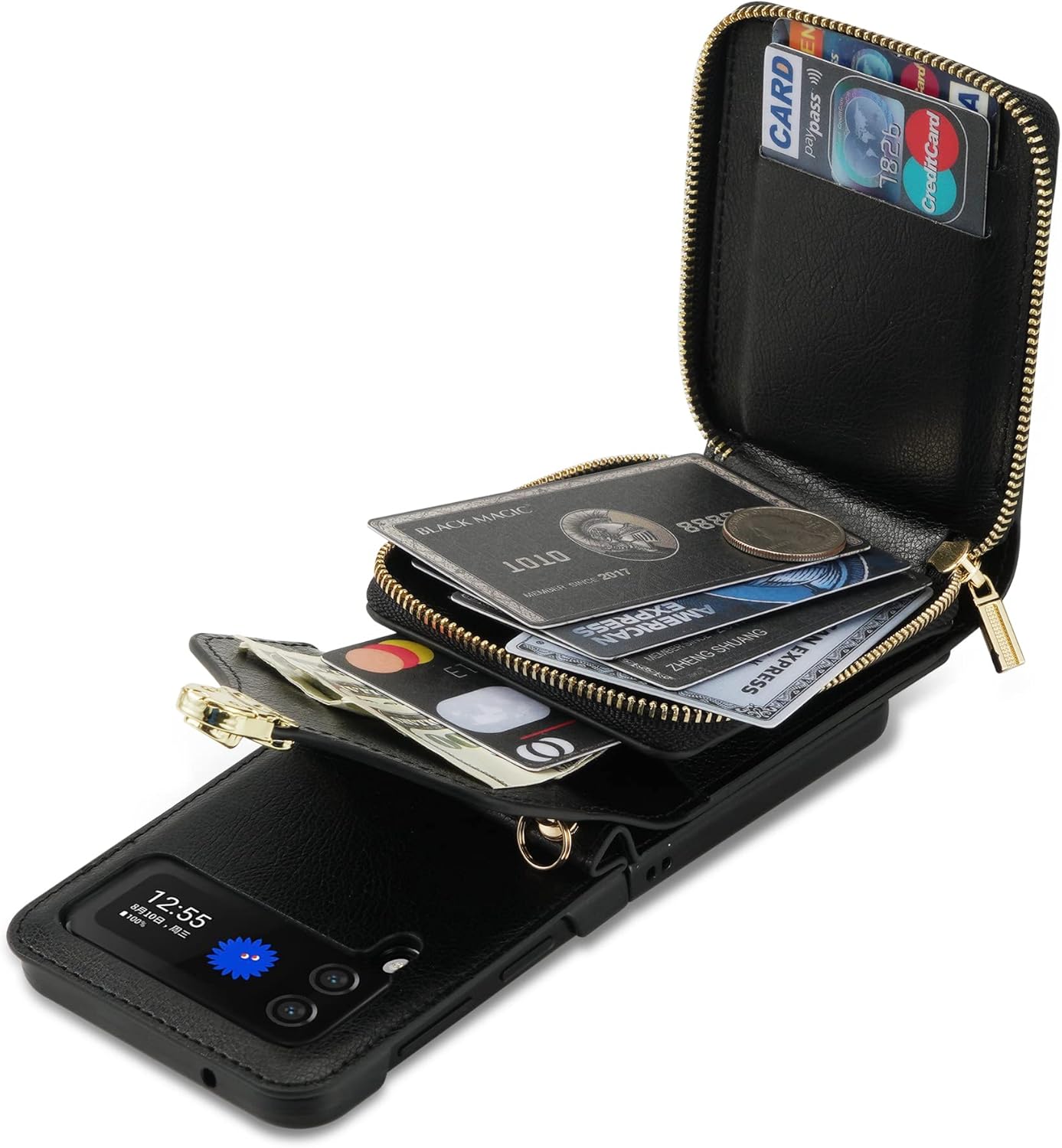 Wallet Case for Samsung Galaxy Z Flip 3, Matte Leather with Viewing Stand Camera Lens Protection Shockproof Multiple Card Holders Cover Shoulder Straps Zipper case Cover